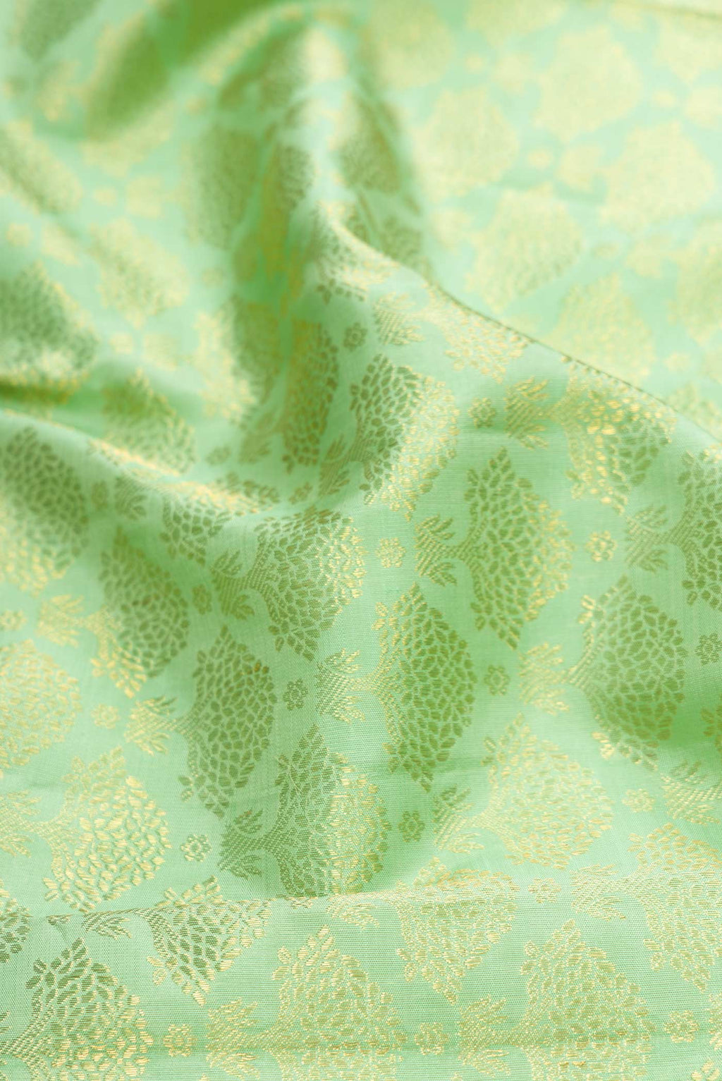 Close up of Pista Green Dual Tone Kanchipuram Silk Saree with Zari Brocade on the body and Zari Border displaying folds