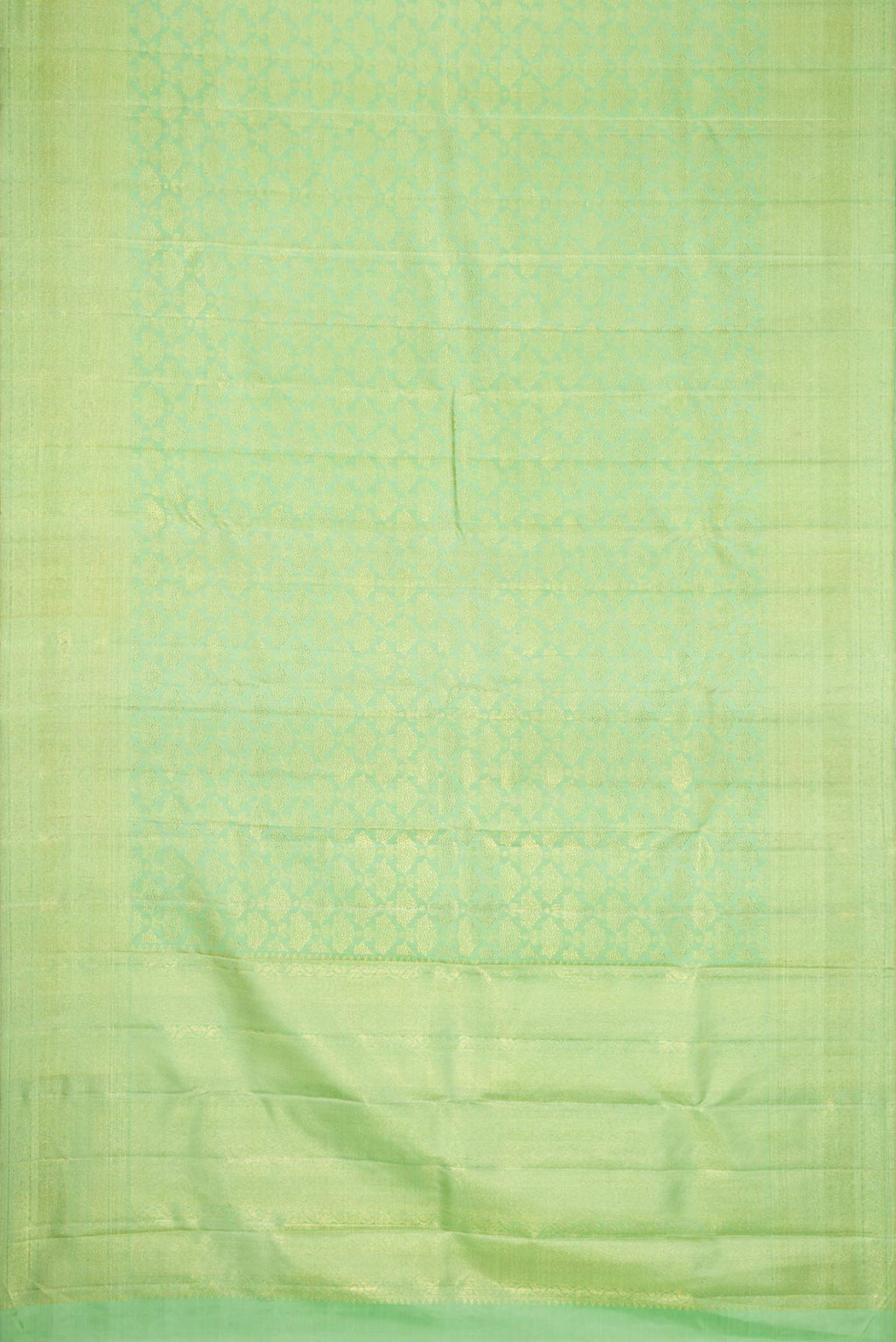 Flat view of Pista Green Dual Tone Kanchipuram Silk Saree with Zari Brocade on the body and Zari Border