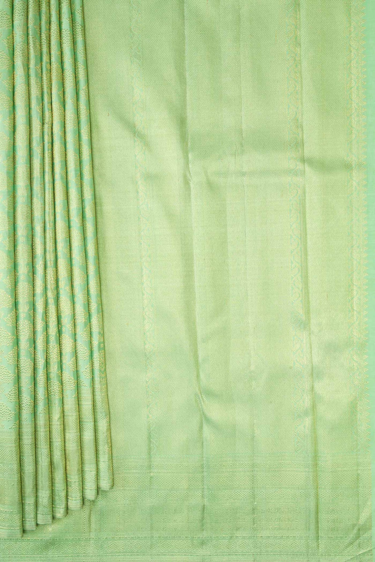 Pleats and pallu of Pista Green Dual Tone Kanchipuram Silk Saree with Zari Brocade on the body and Zari Border