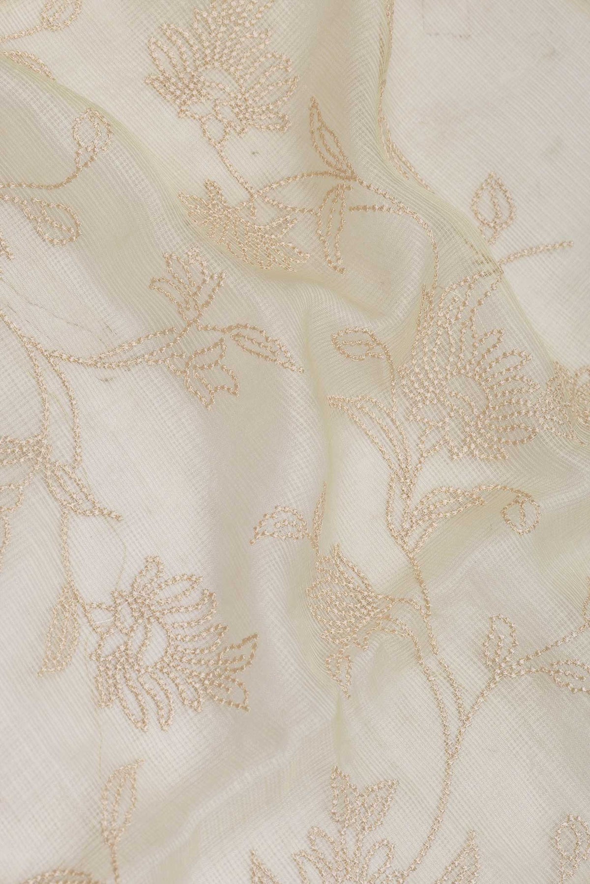 Close up of Yellow Dual Tone Kota Silk Saree with Embroidery on the body and Embroidery Border displaying folds