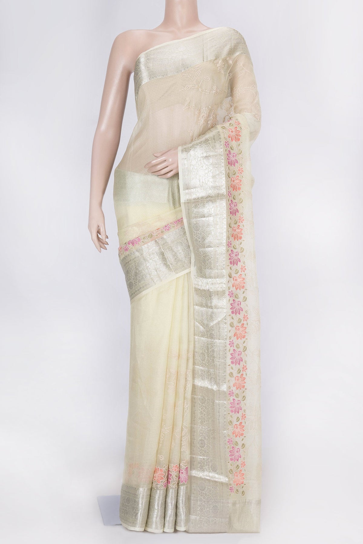Yellow Dual Tone Kota Silk Saree with Embroidery on the body and Embroidery Border displayed on a mannequin