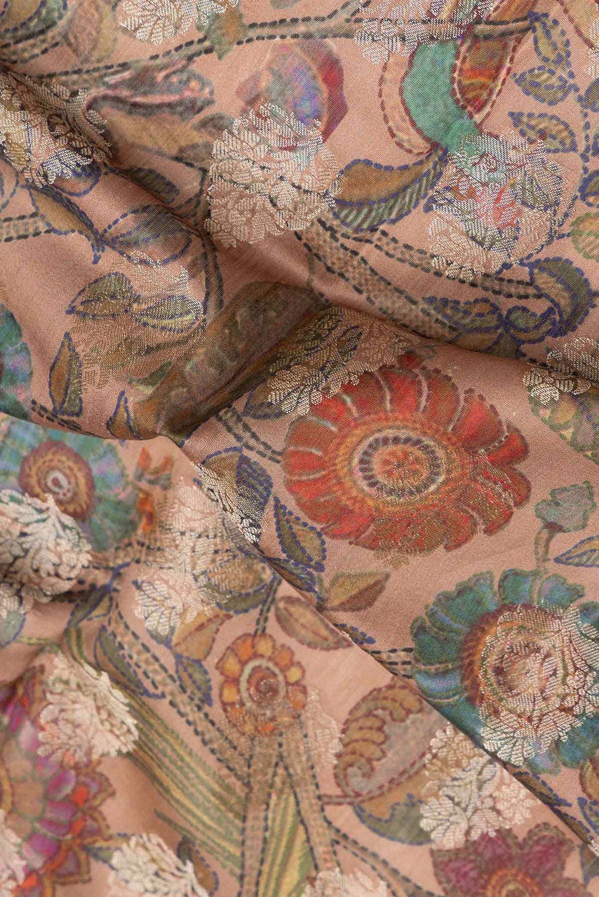 Close up of Brown Dual Tone Tussar Silk Saree with Printed design on the body and Zari Border.  displaying folds