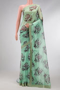 Pista Green Dual Tone Organza Silk Saree with Embroidery on the body and Embroidery Border.  displayed on a mannequin
