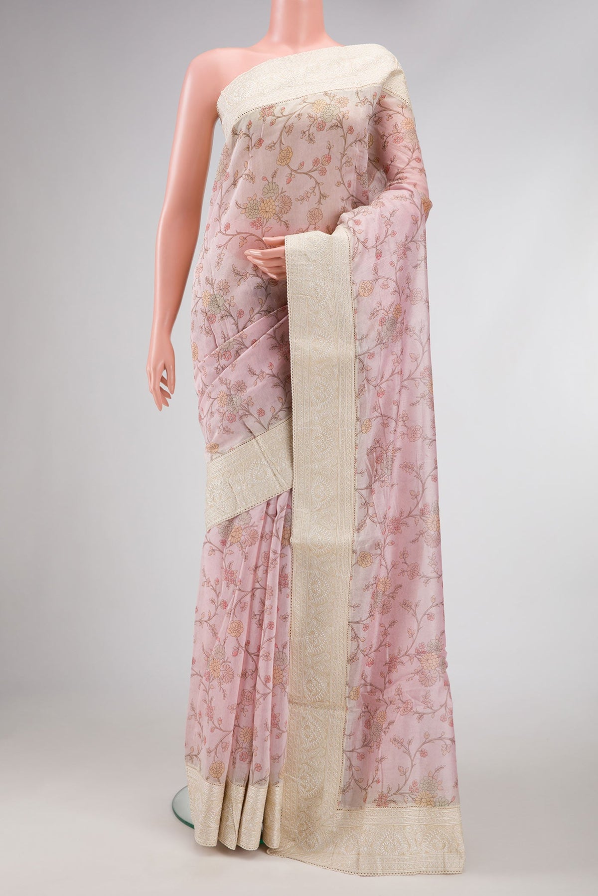 Pink Dual Tone Chanderi Silk Saree with Printed design on the body and Embroidery Border.  displayed on a mannequin