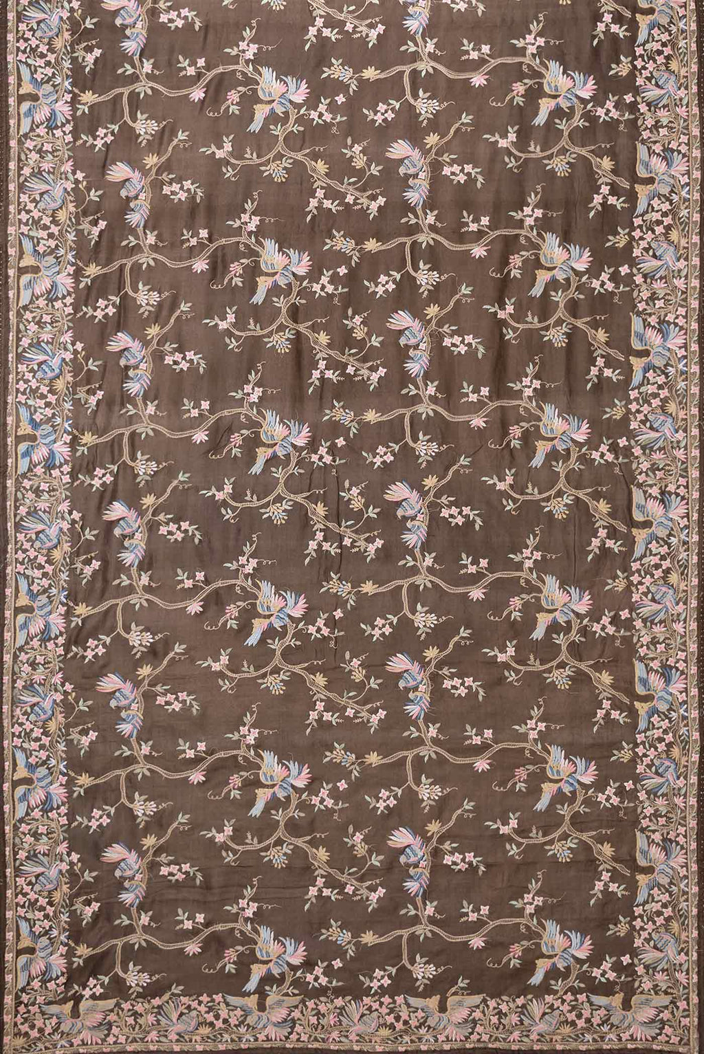 Flat view of Brown Dual Tone Tussar Saree with Embroidery on the body and Embroidery Border