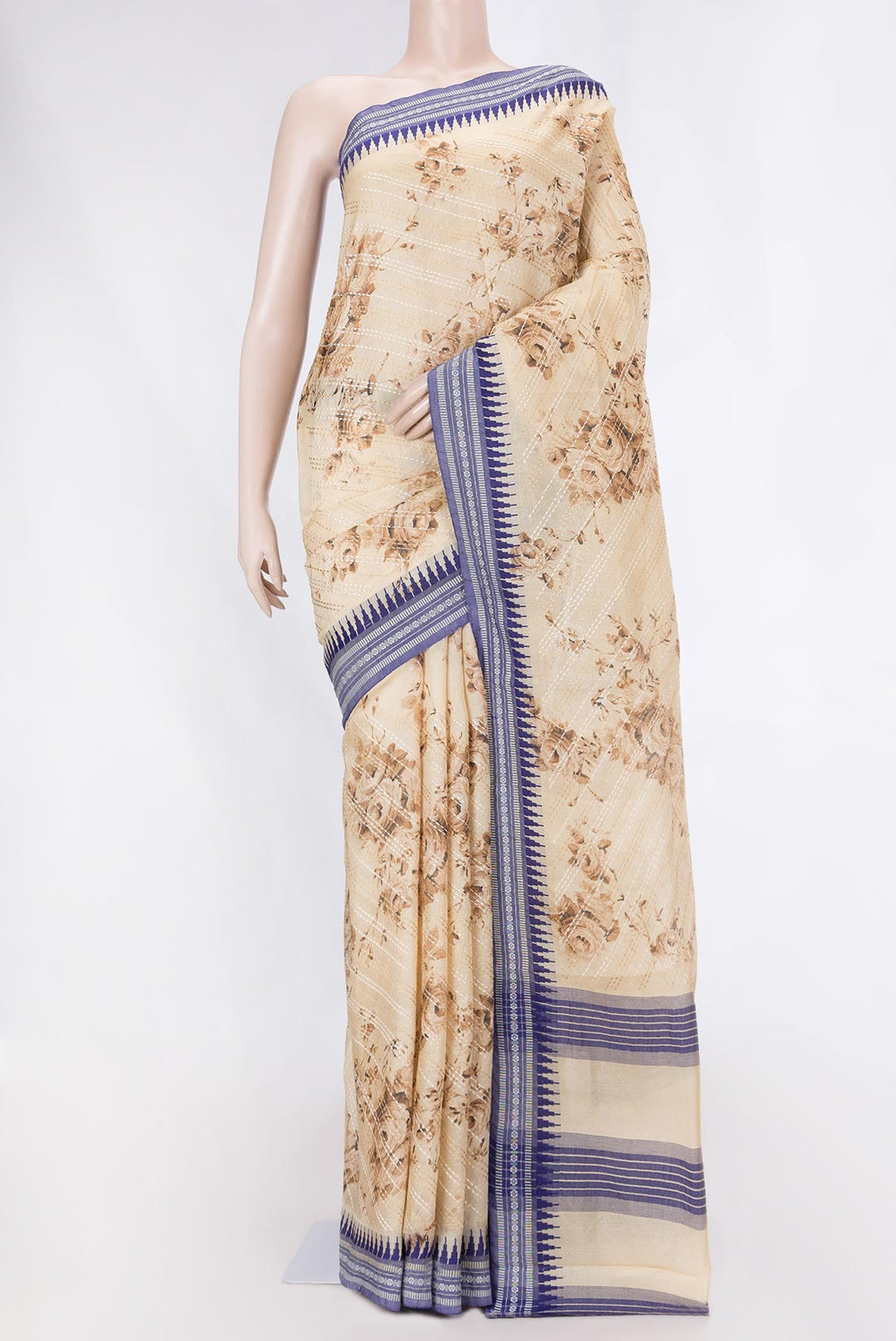 Beige Dual Tone Tussar Saree with Embroidery on the body and Thread Border displayed on a mannequin