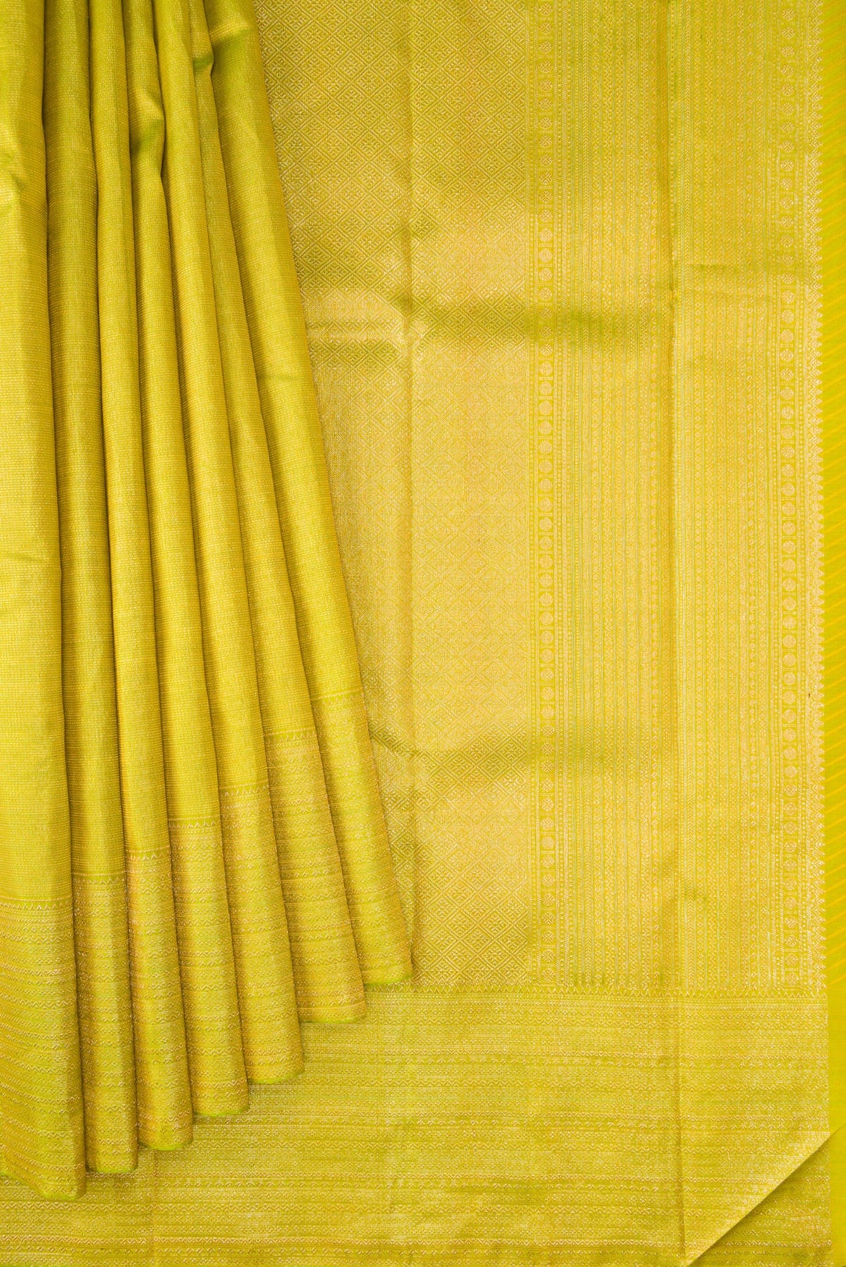 Pleats and pallu of Parrot Green Dual Tone Kanjivaram Silk Saree with Zari Brocade on the body and Zari Border. 