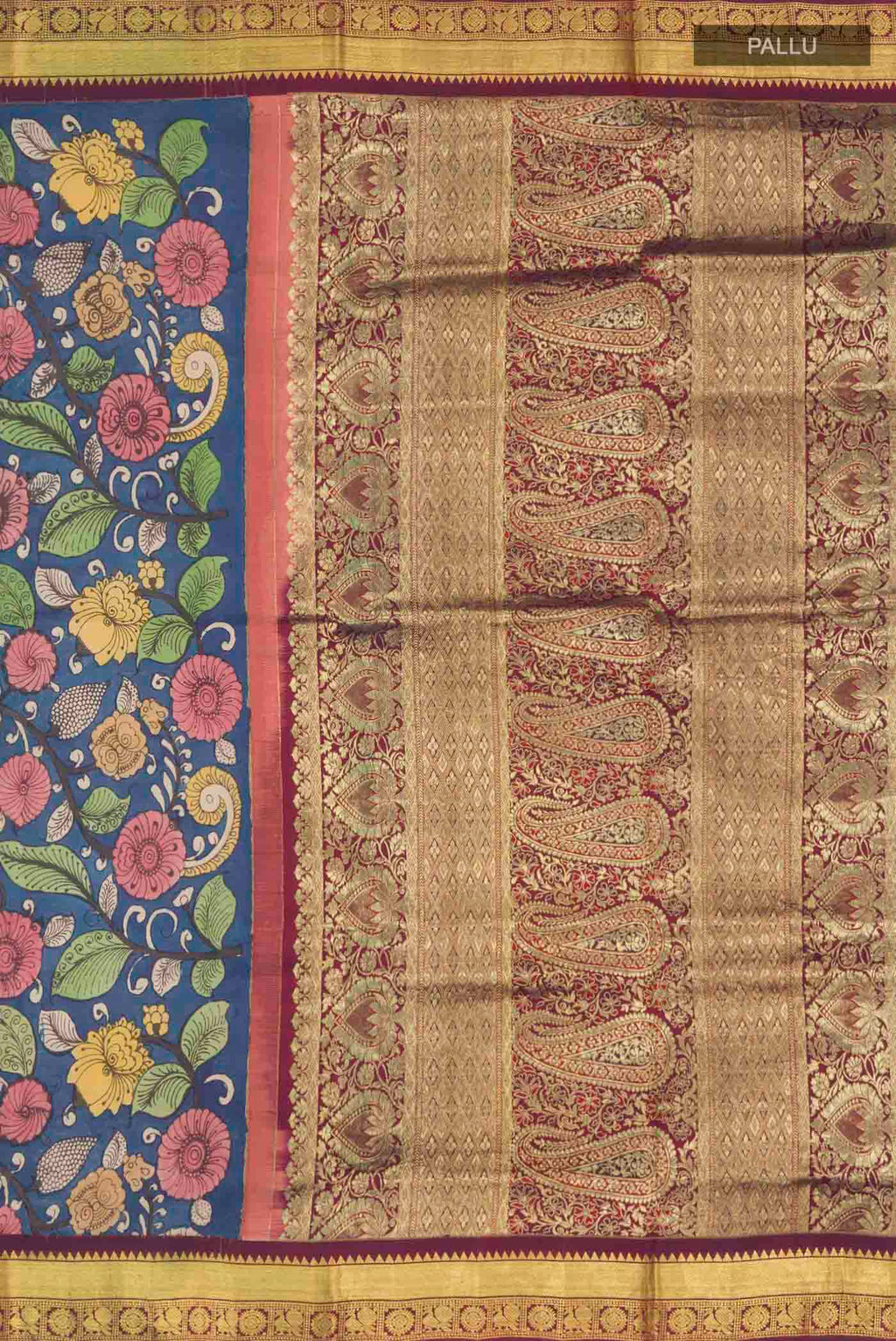 Close up image of the pallu of Blue Kanchipuram Silk Saree with Printed design on the body and Zari Border