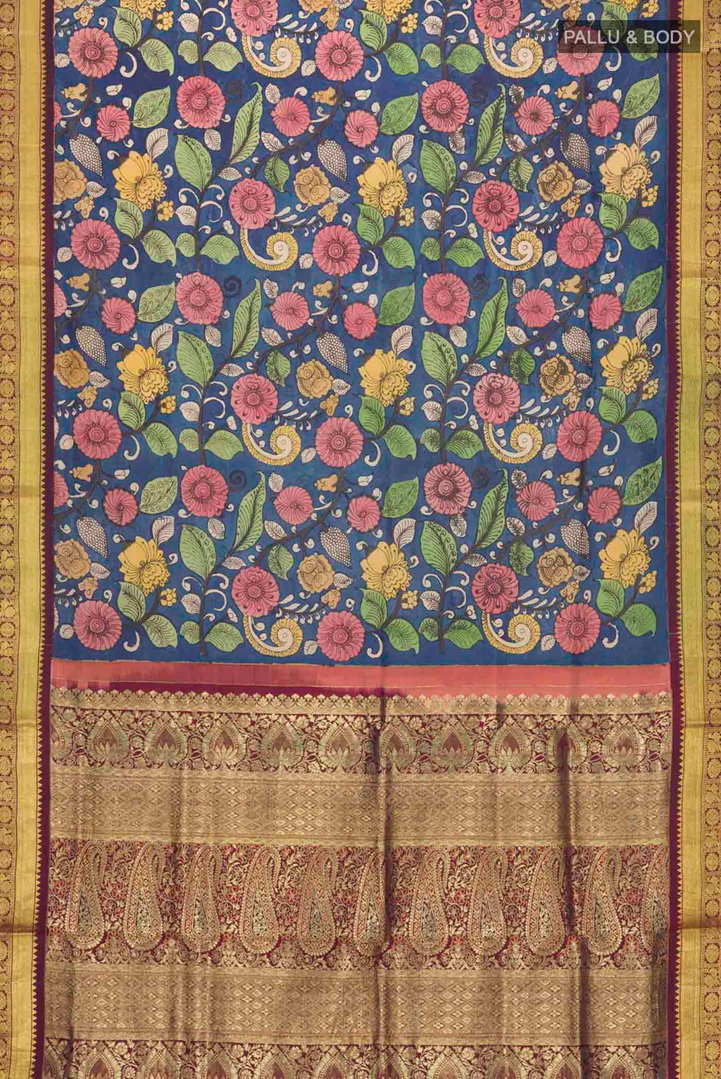 Flat view of Blue Kanchipuram Silk Saree with Printed design on the body and Zari Border