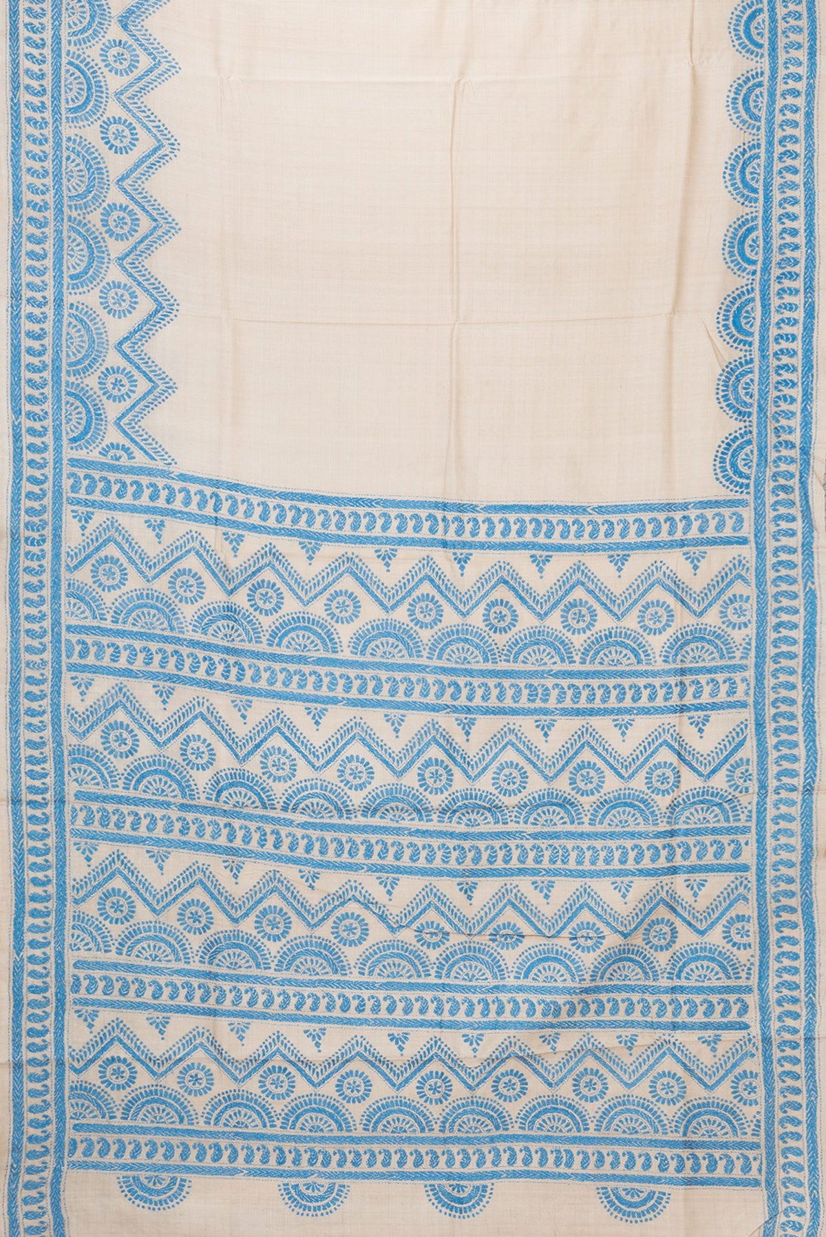 Flat view of Beige Dual Tone Tussar Silk Saree with Plain Body and Embroidery Border. 