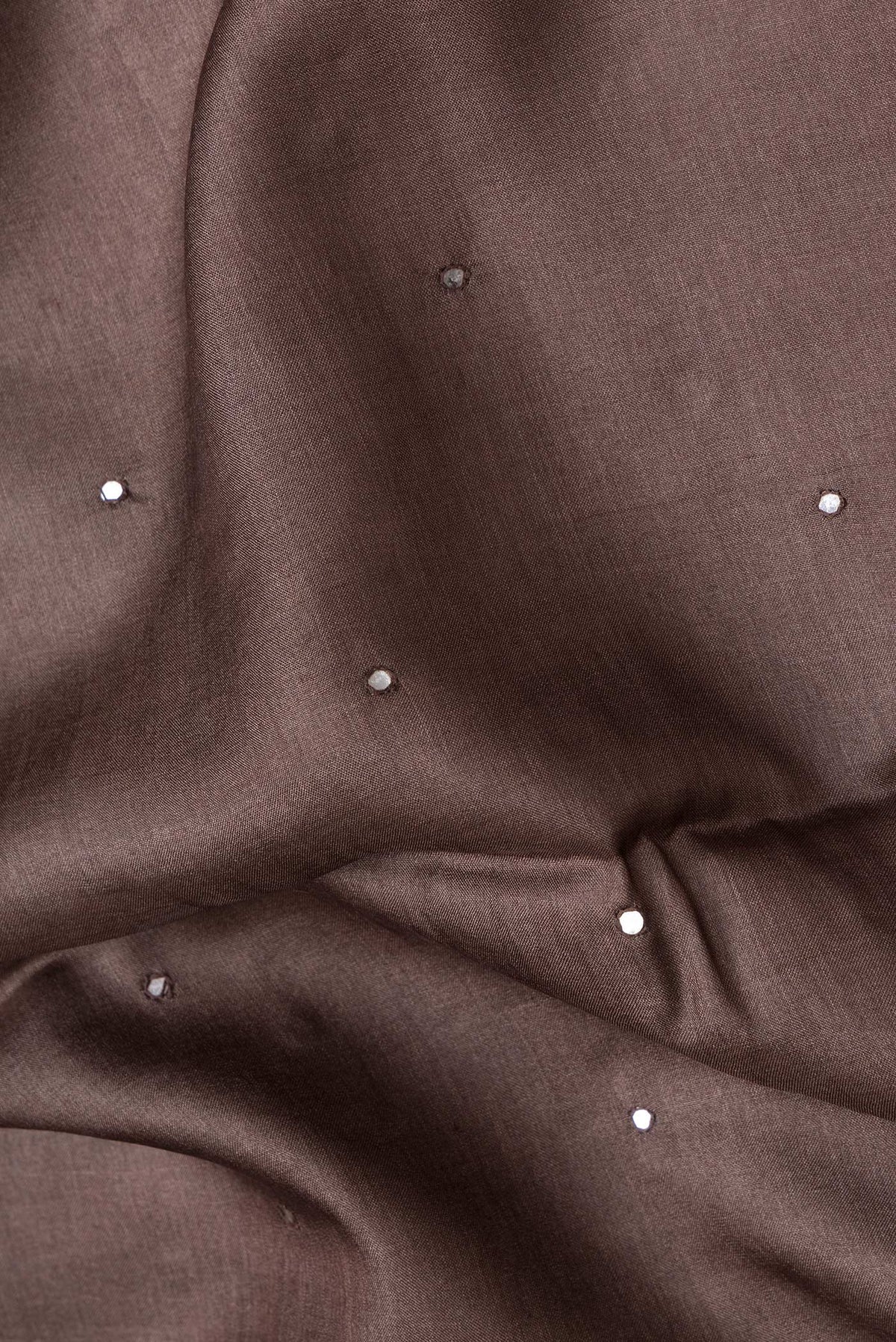 Close up of Brown Dual Tone Tussar Silk Saree with Embroidery on the body and Printed Border.  displaying folds