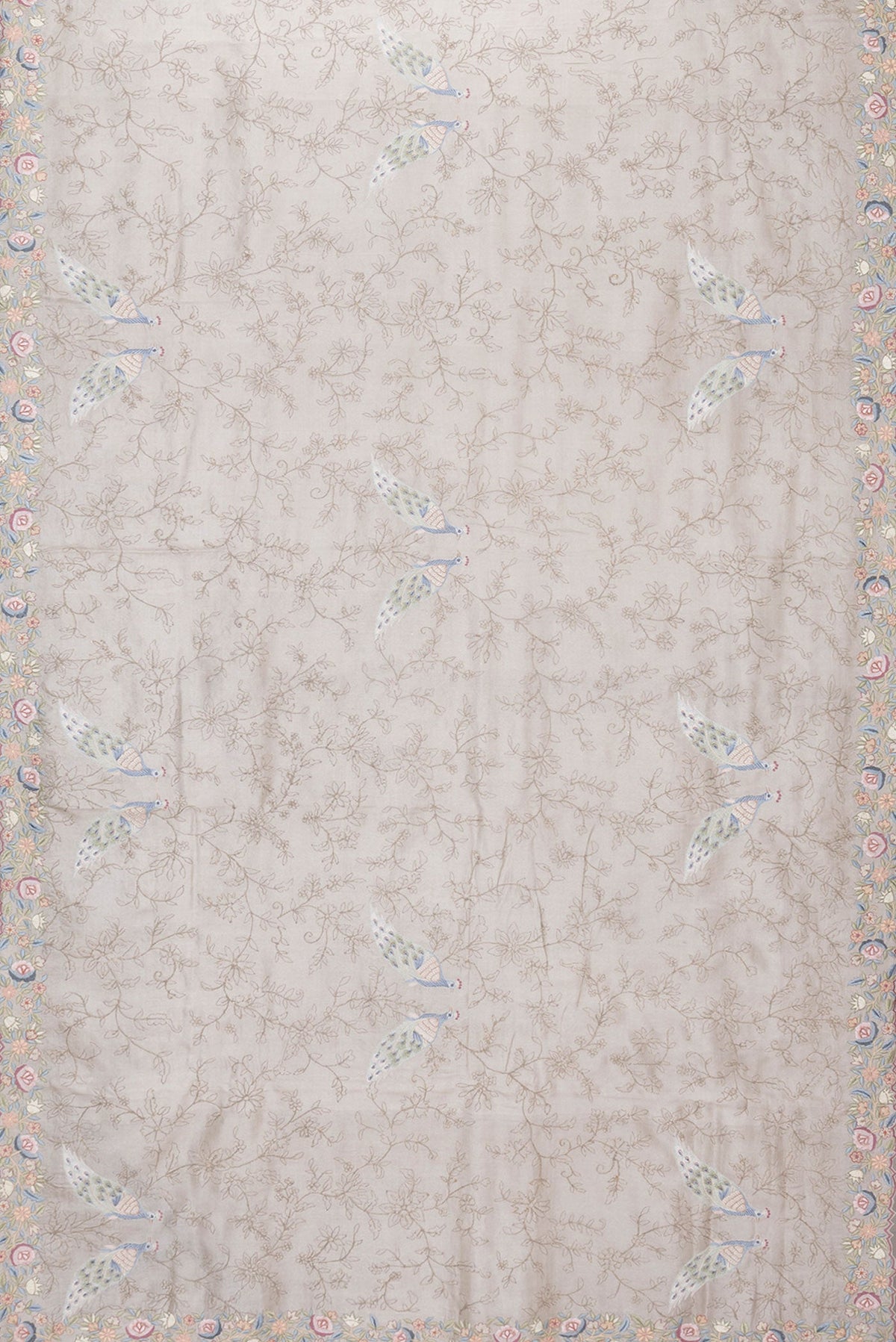 Flat view of Grey Dual Tone Tussar Silk Saree with Embroidery on the body and Embroidery Border. 
