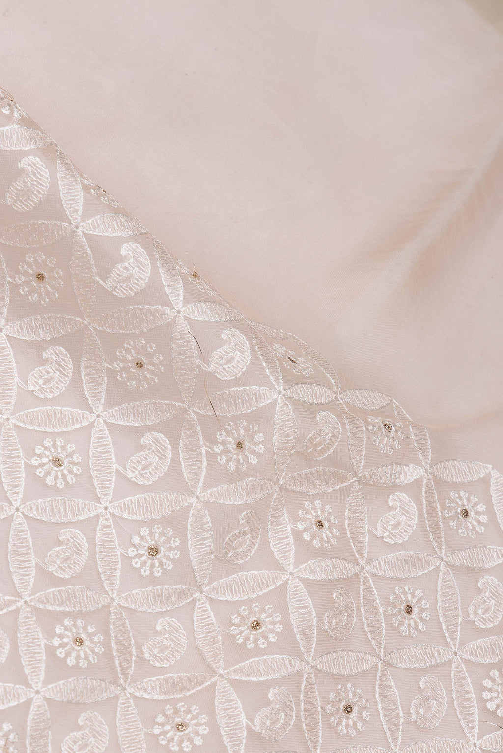 Close up of Golden Peach Dual Tone Organza Silk Saree with Embroidery on the body and Embroidery Border.  displaying folds
