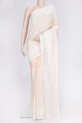 Golden Peach Dual Tone Organza Silk Saree with Embroidery on the body and Embroidery Border.  displayed on a mannequin