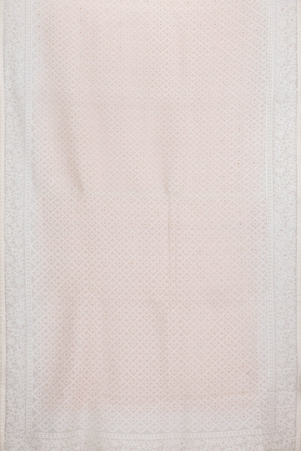 Flat view of Golden Peach Dual Tone Organza Silk Saree with Embroidery on the body and Embroidery Border. 