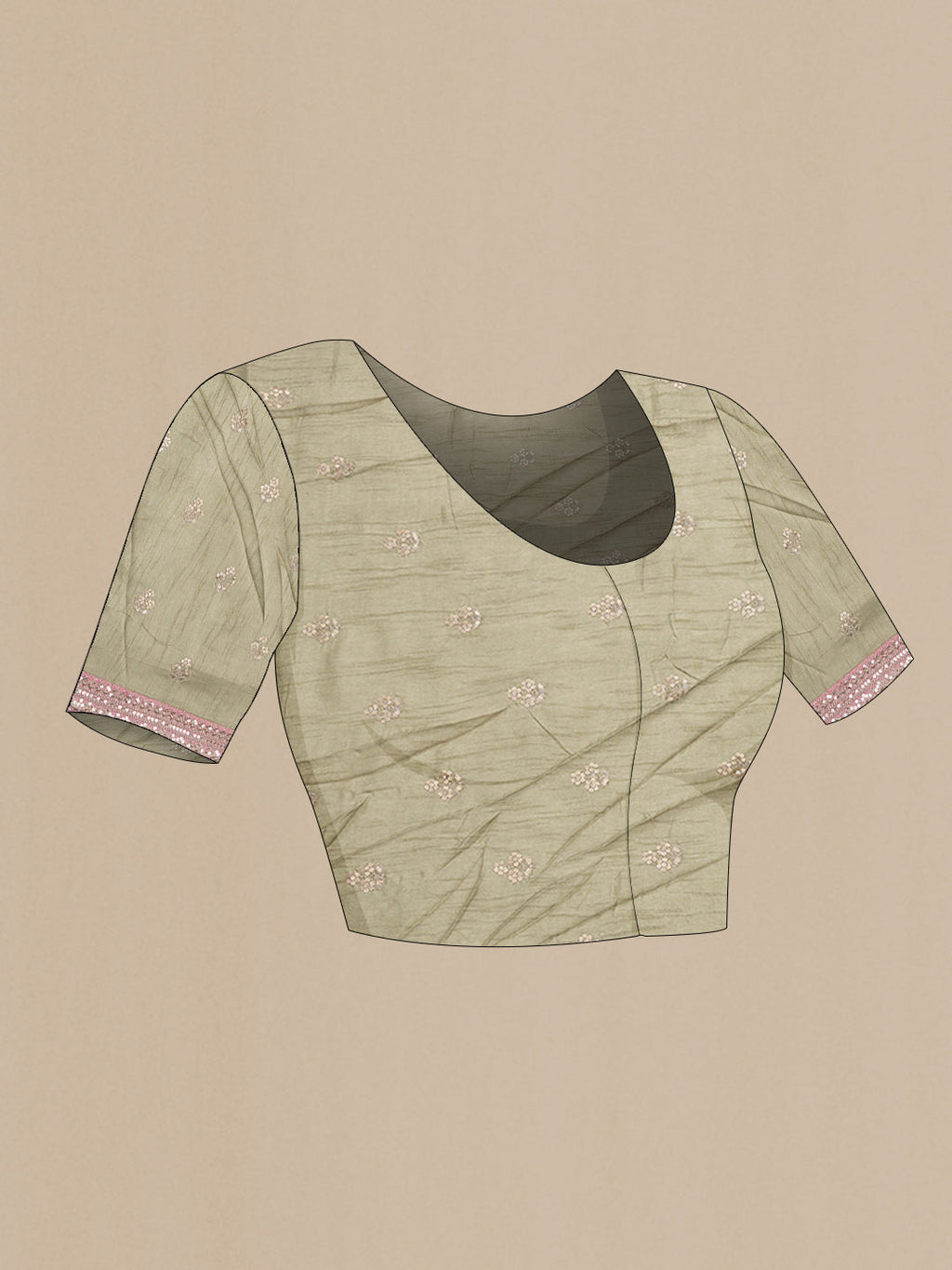 Close up image of the blouse of Pink Dual Tone Organza Silk Saree with Printed design on the body and Zari Border. 