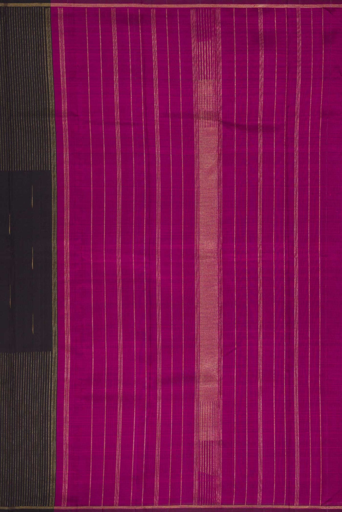 Close up image of the pallu of Pure Silk Pure Zari Coffee Brown Dual Tone Kanchipuram Saree with Zari Butta on the body and Thin Zari Line