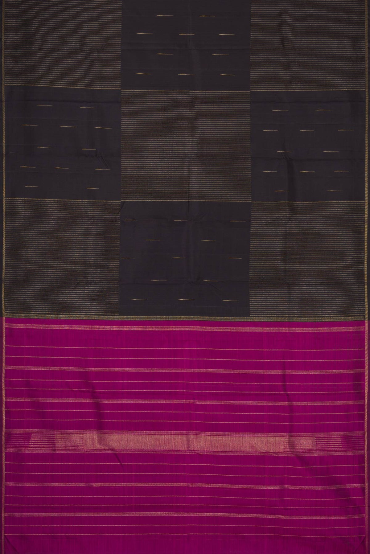Flat view of Pure Silk Pure Zari Coffee Brown Dual Tone Kanchipuram Saree with Zari Butta on the body and Thin Zari Line