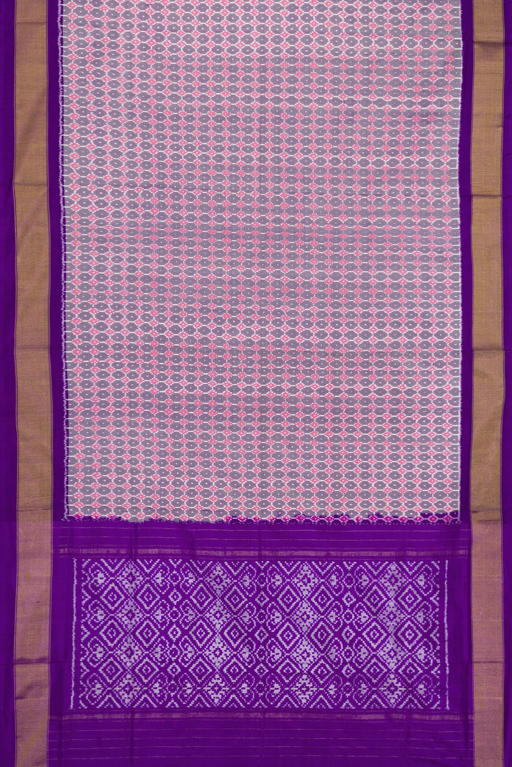 Flat view of Grey Dual Tone Double Ikat Saree with Ikat Print on the body and Zari Border. 