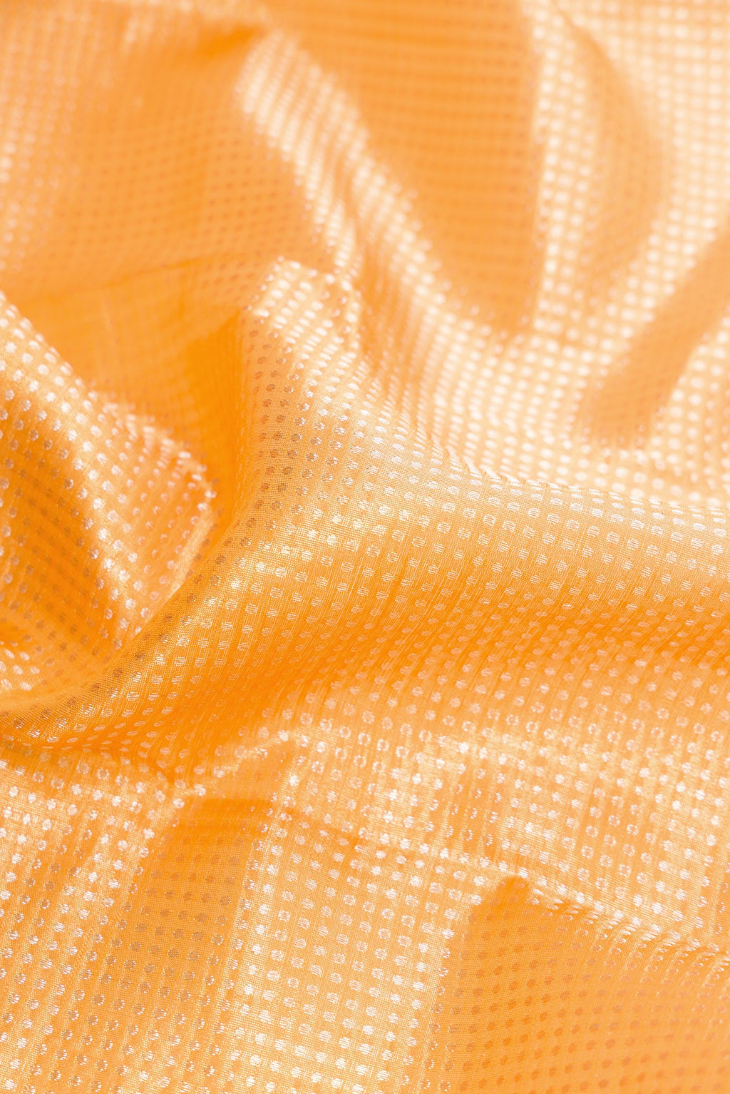 Close up of Golden Peach Dual Tone Kanchipuram Tissue Silk Saree with Zari Brocade on the body and Zari Border.  displaying folds