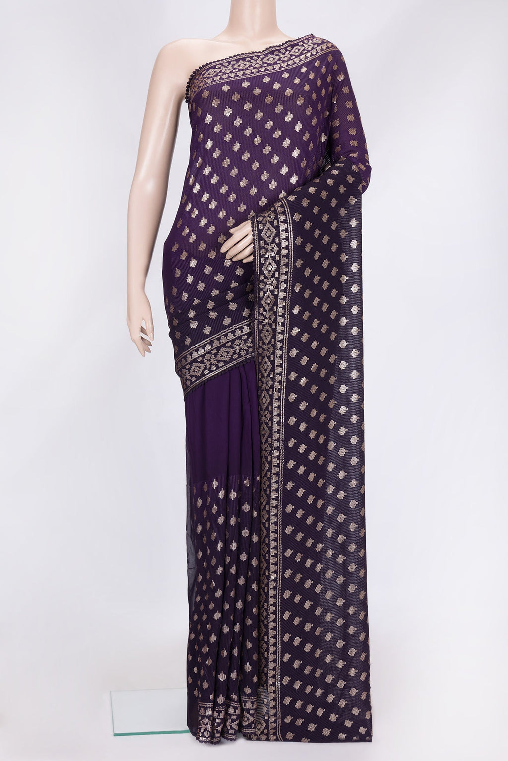 Violet Dual Tone Georgette Saree with Embroidery on the body and Embroidery Border.  displayed on a mannequin