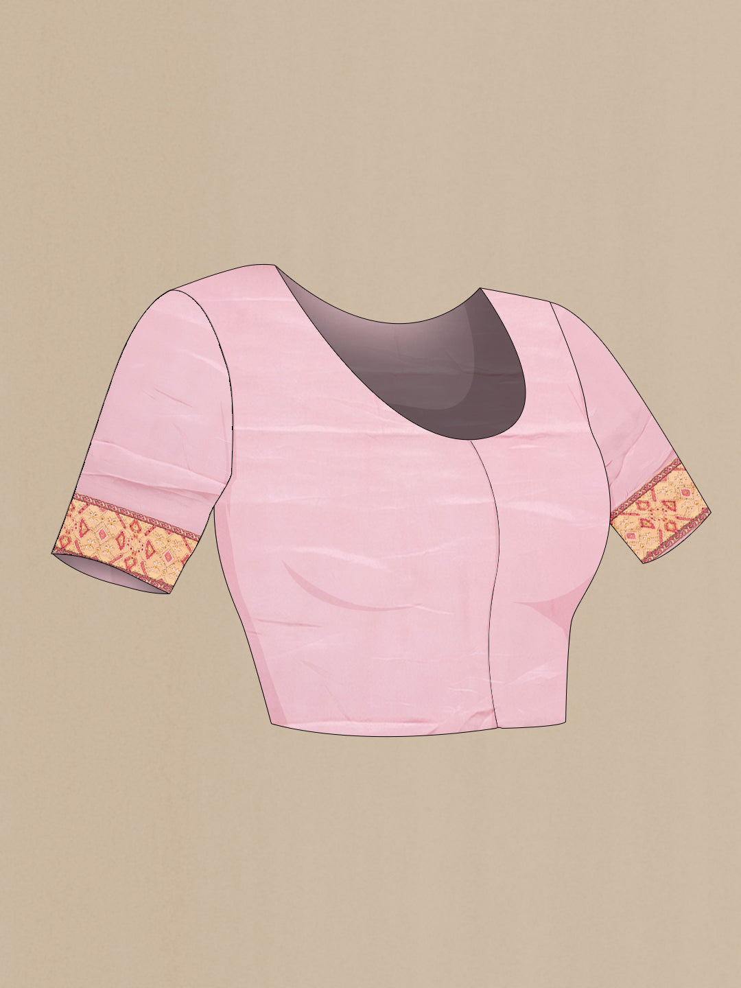 Close up image of the blouse of Peach Dual Tone Mysore Georgette Saree with Embroidery on the body and Embroidery Border. 
