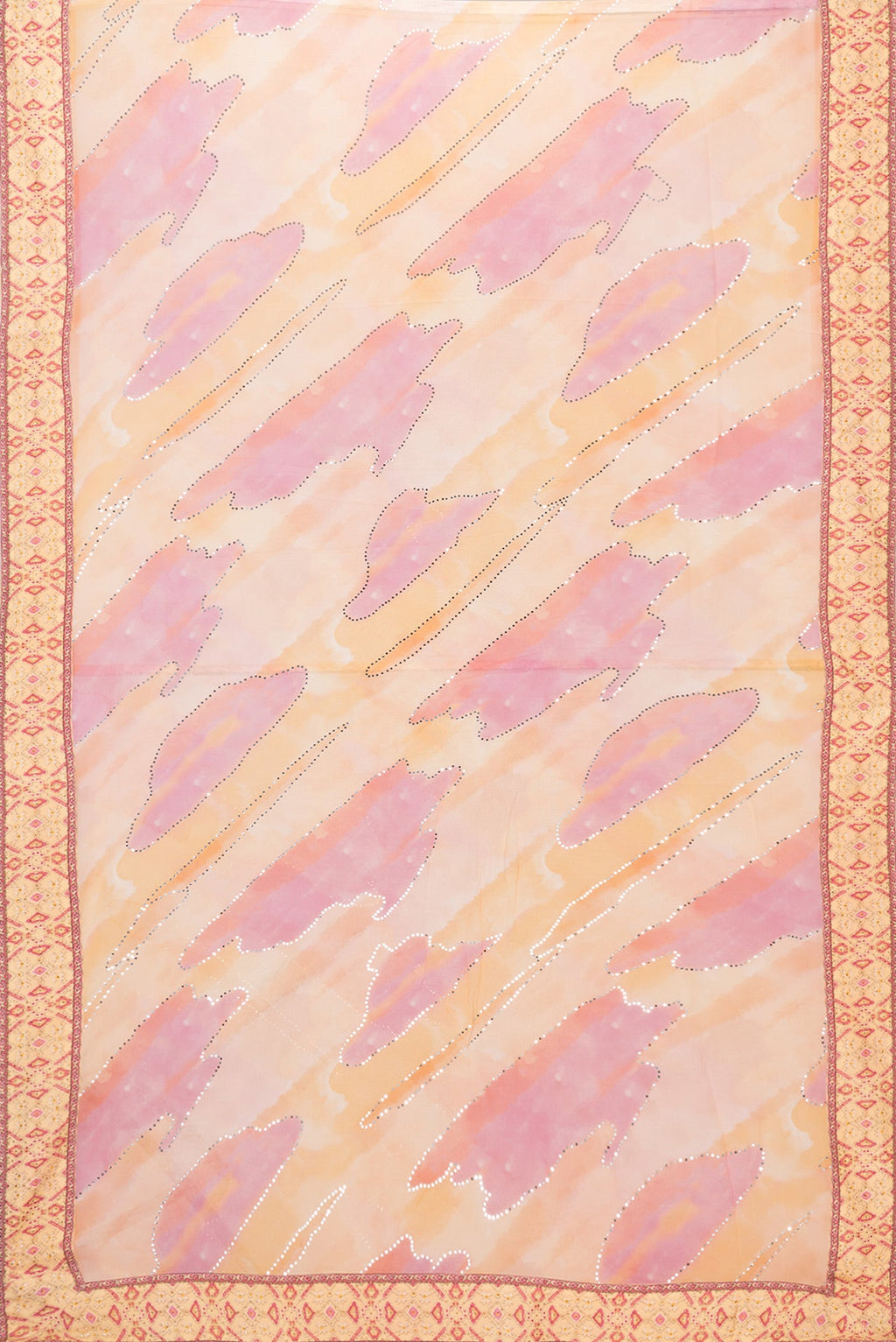 Flat view of Peach Dual Tone Mysore Georgette Saree with Embroidery on the body and Embroidery Border. 