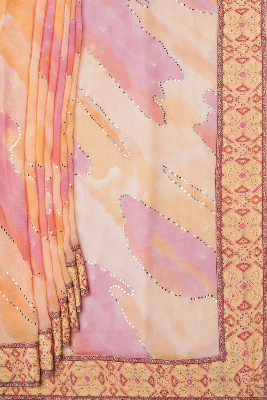 Pleats and pallu of Peach Dual Tone Mysore Georgette Saree with Embroidery on the body and Embroidery Border. 
