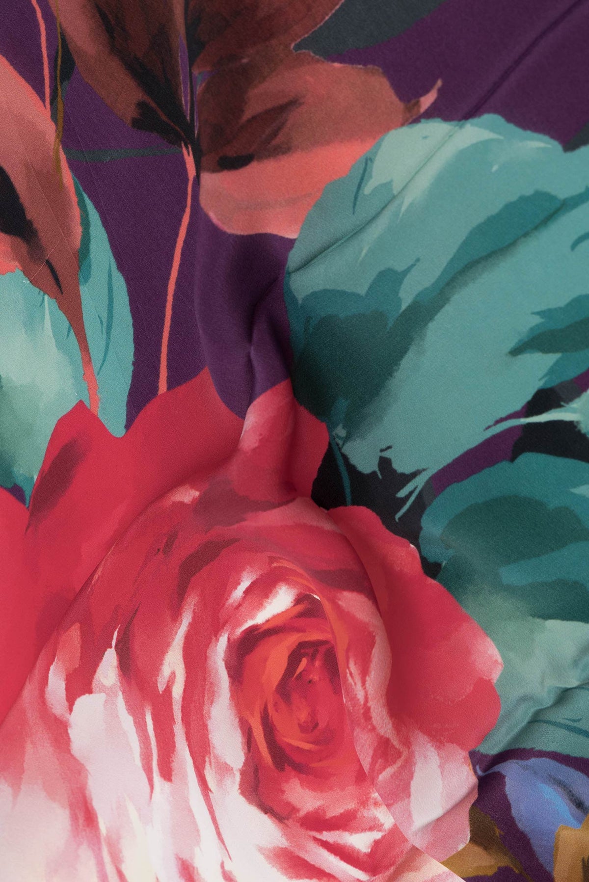 Close up of Purple Dual Tone Mysore Crepe Saree with Printed design on the body and Plain Border displaying folds