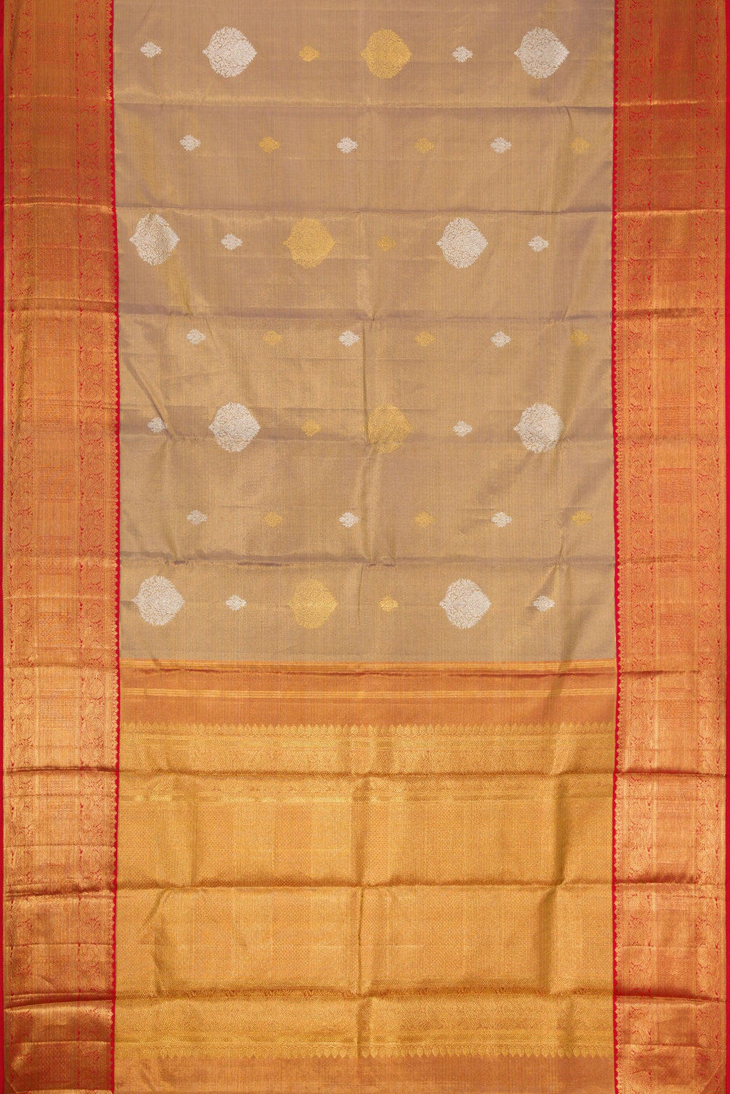 Flat view of Gold Dual Tone Kanjivaram Tissue Silk Saree with Zari Brocade on the body and Zari Border. 