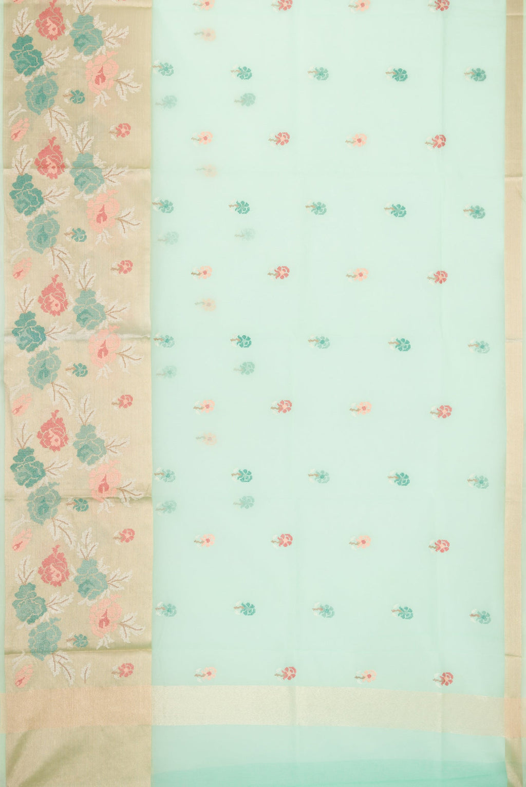 Flat view of Sea Green Dual Tone Organza Silk Saree with Embroidery on the body and Fancy Border. 