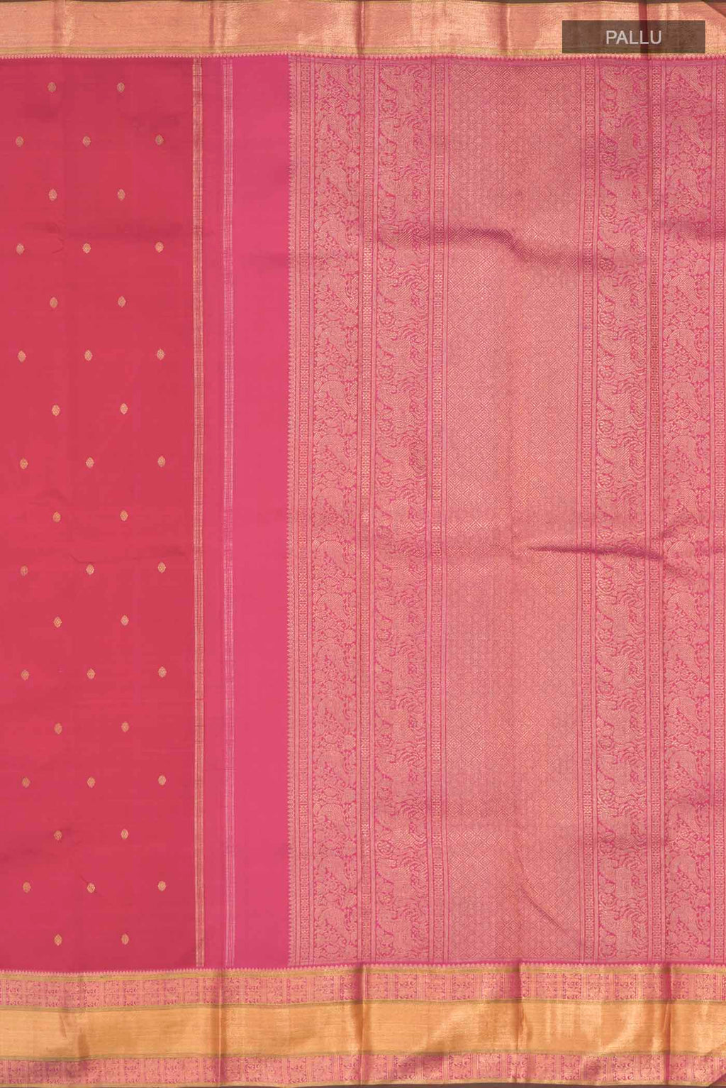Close up image of the pallu of Red Kanchipuram Silk Saree with Zari Butta on the body and Zari Border