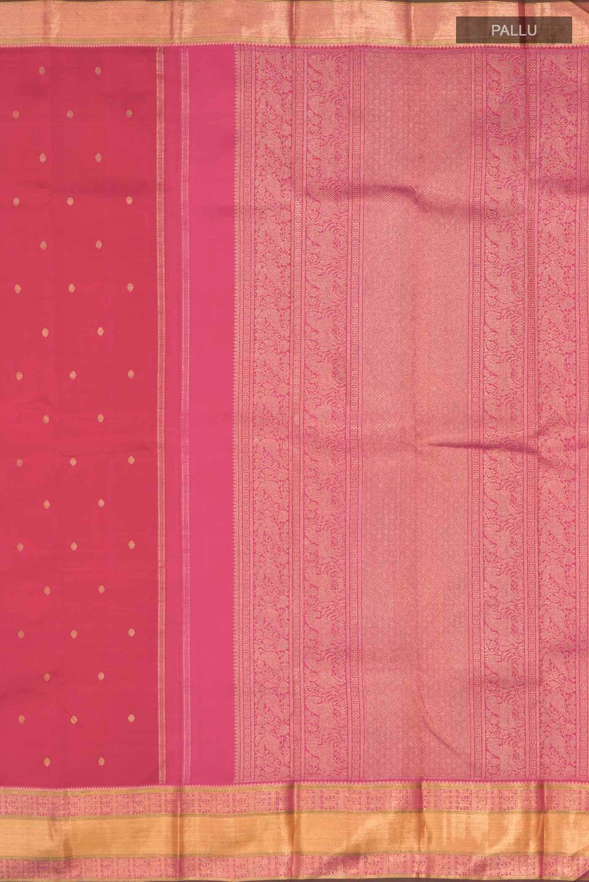 Close up image of the pallu of Red Kanchipuram Silk Saree with Zari Butta on the body and Zari Border