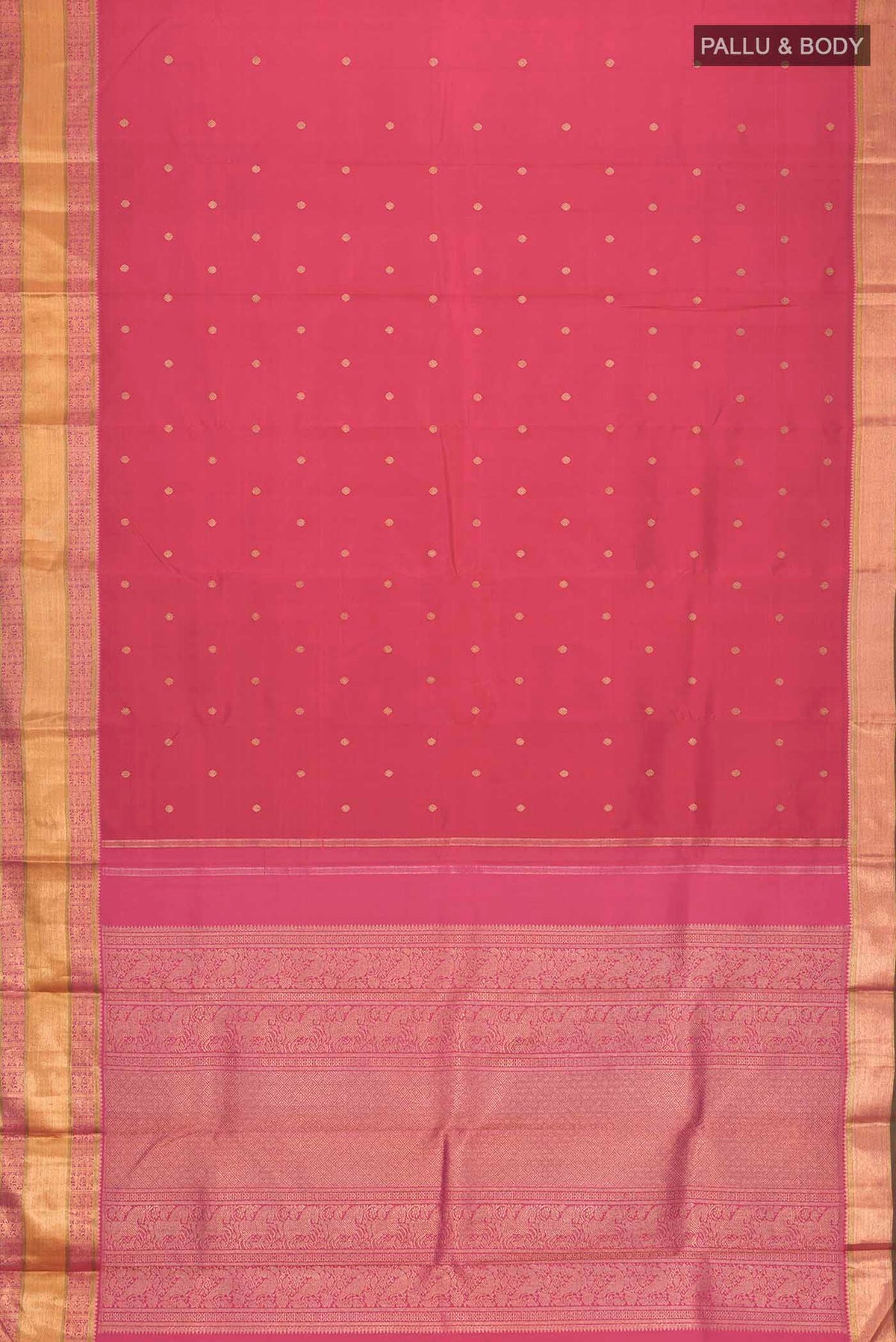 Flat view of Red Kanchipuram Silk Saree with Zari Butta on the body and Zari Border