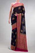 Navy Blue Dual Tone Mysore Georgette Saree with Zari Butta on the body and Zari Border.  displayed on a mannequin