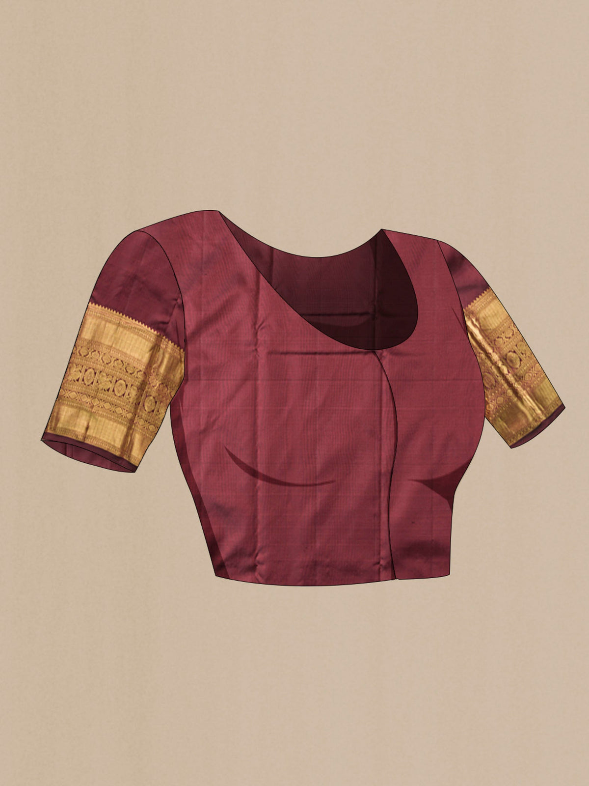 Close up image of the blouse of Maroon Kanchipuram Silk Saree with Jacquard With Zari Butta on the body and Zari Border