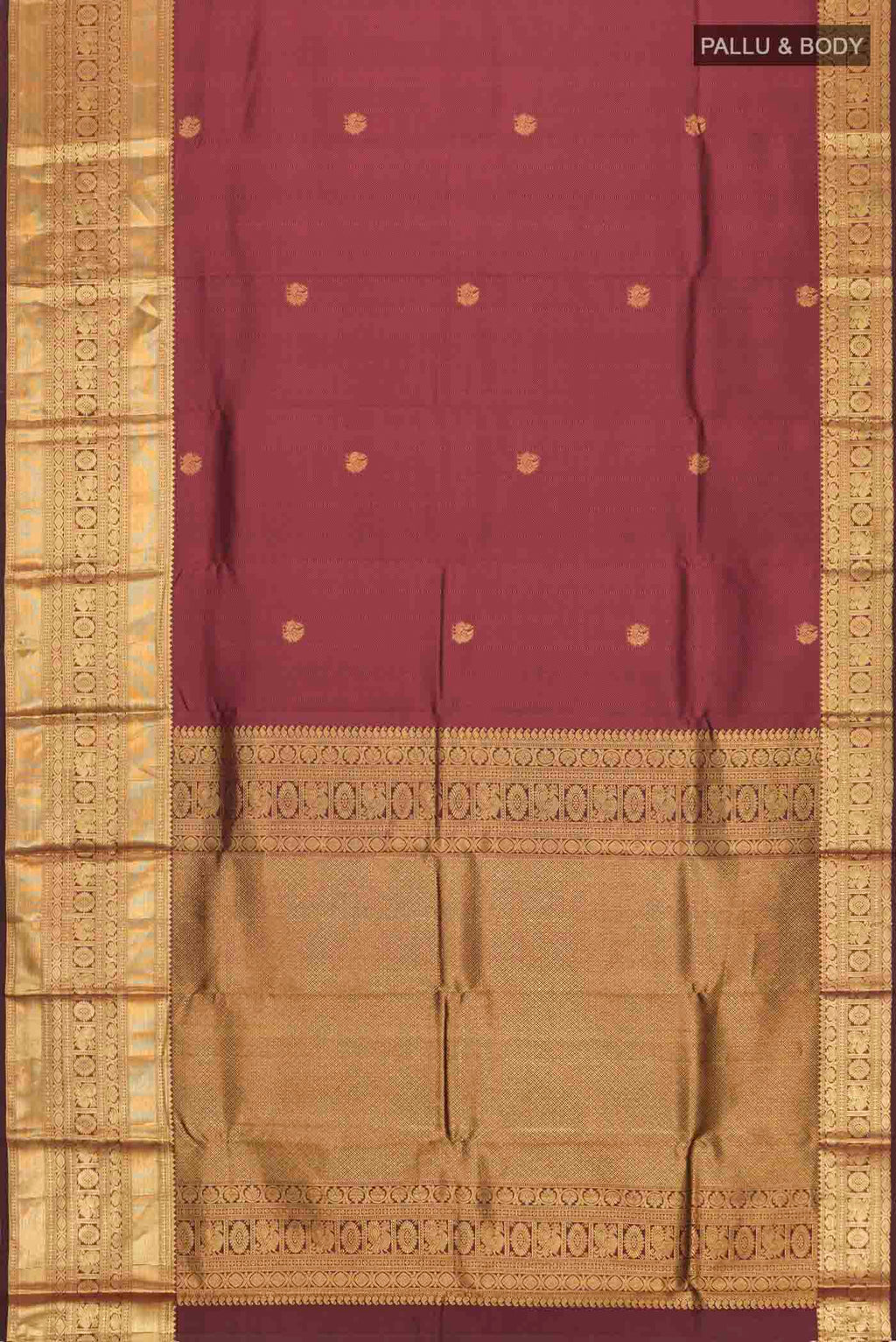 Flat view of Maroon Kanchipuram Silk Saree with Jacquard With Zari Butta on the body and Zari Border