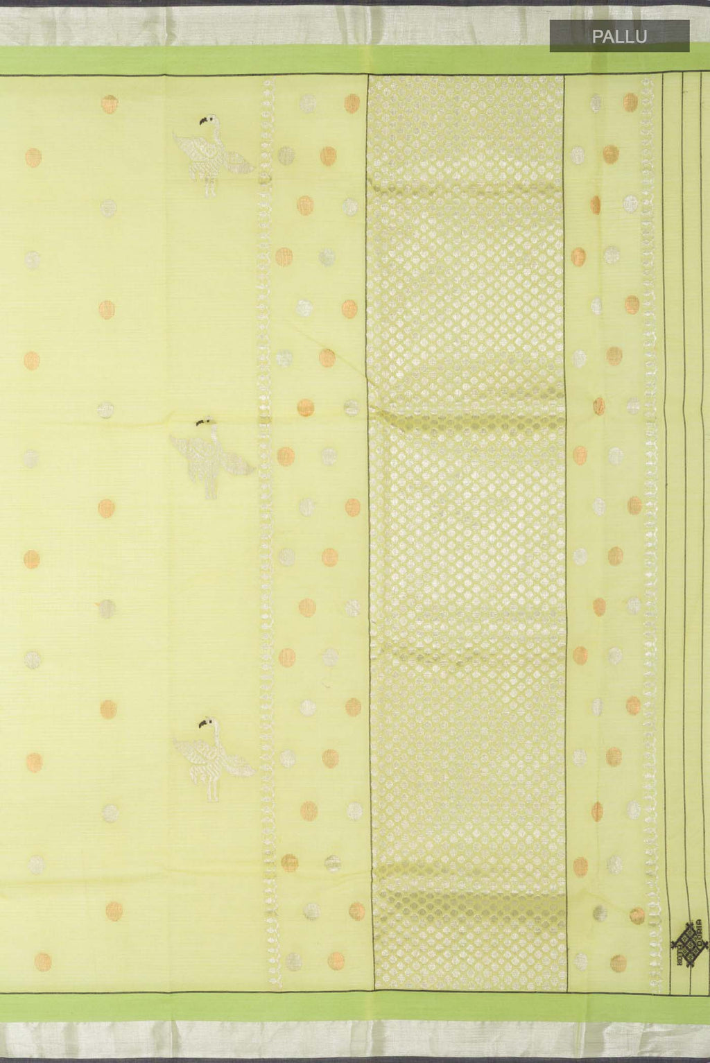 Close up image of the pallu of Green Kota Silk Saree with Zari And Thread Butta on the body and Zari Border