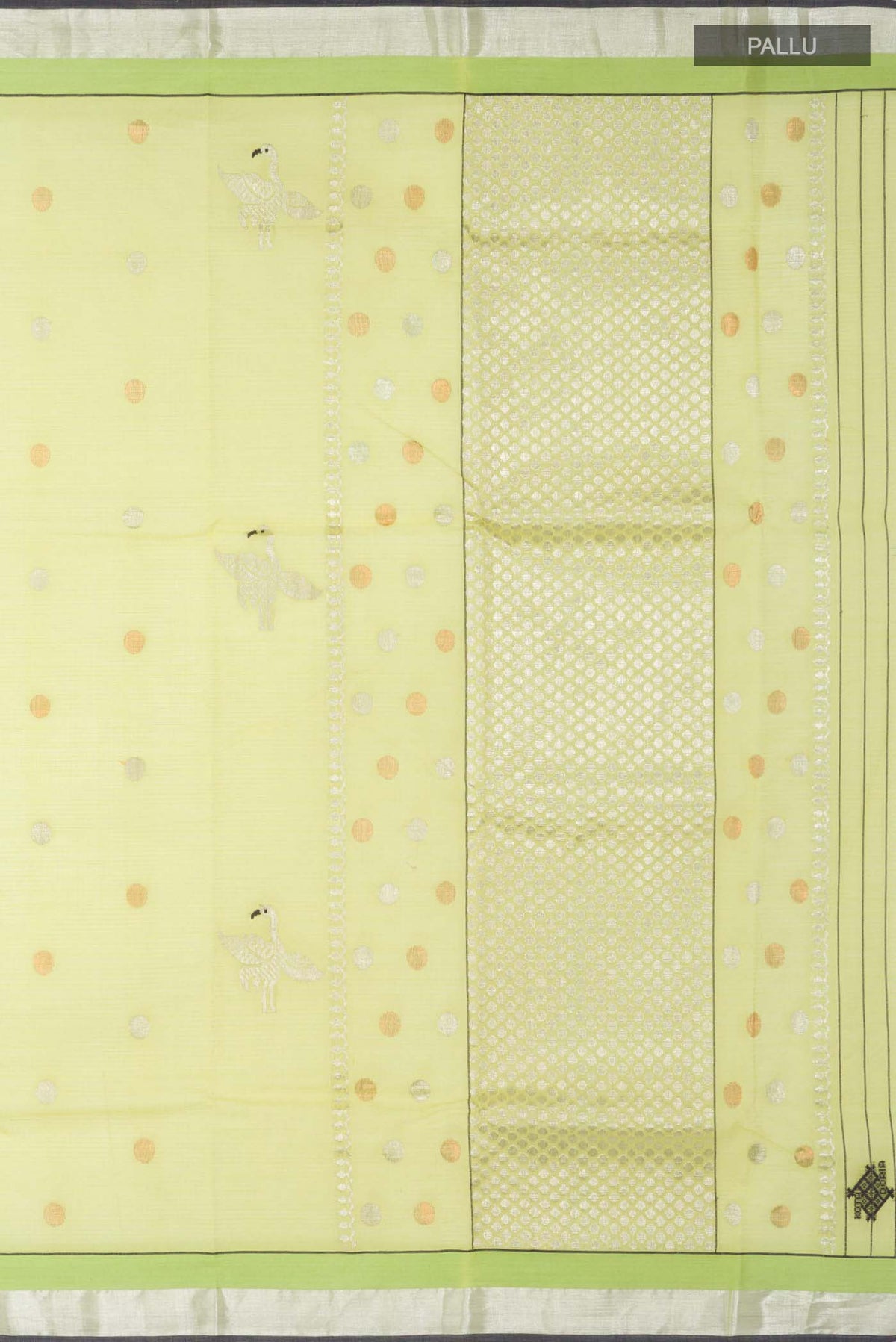 Close up image of the pallu of Green Kota Silk Saree with Zari And Thread Butta on the body and Zari Border