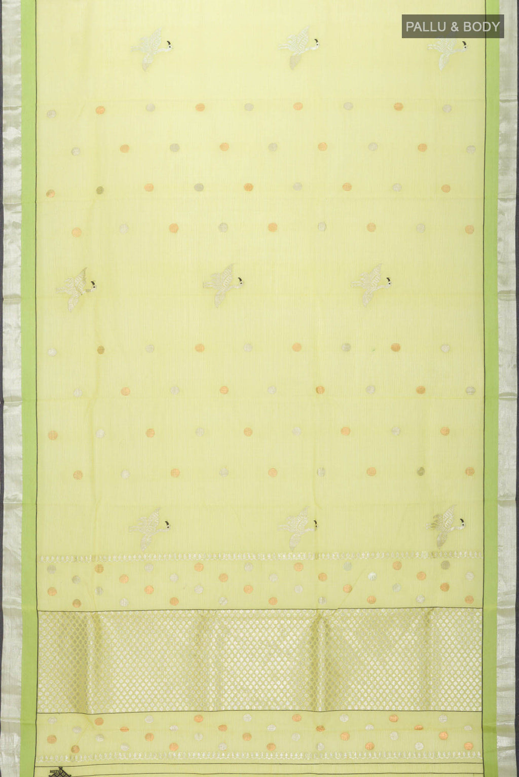 Flat view of Green Kota Silk Saree with Zari And Thread Butta on the body and Zari Border