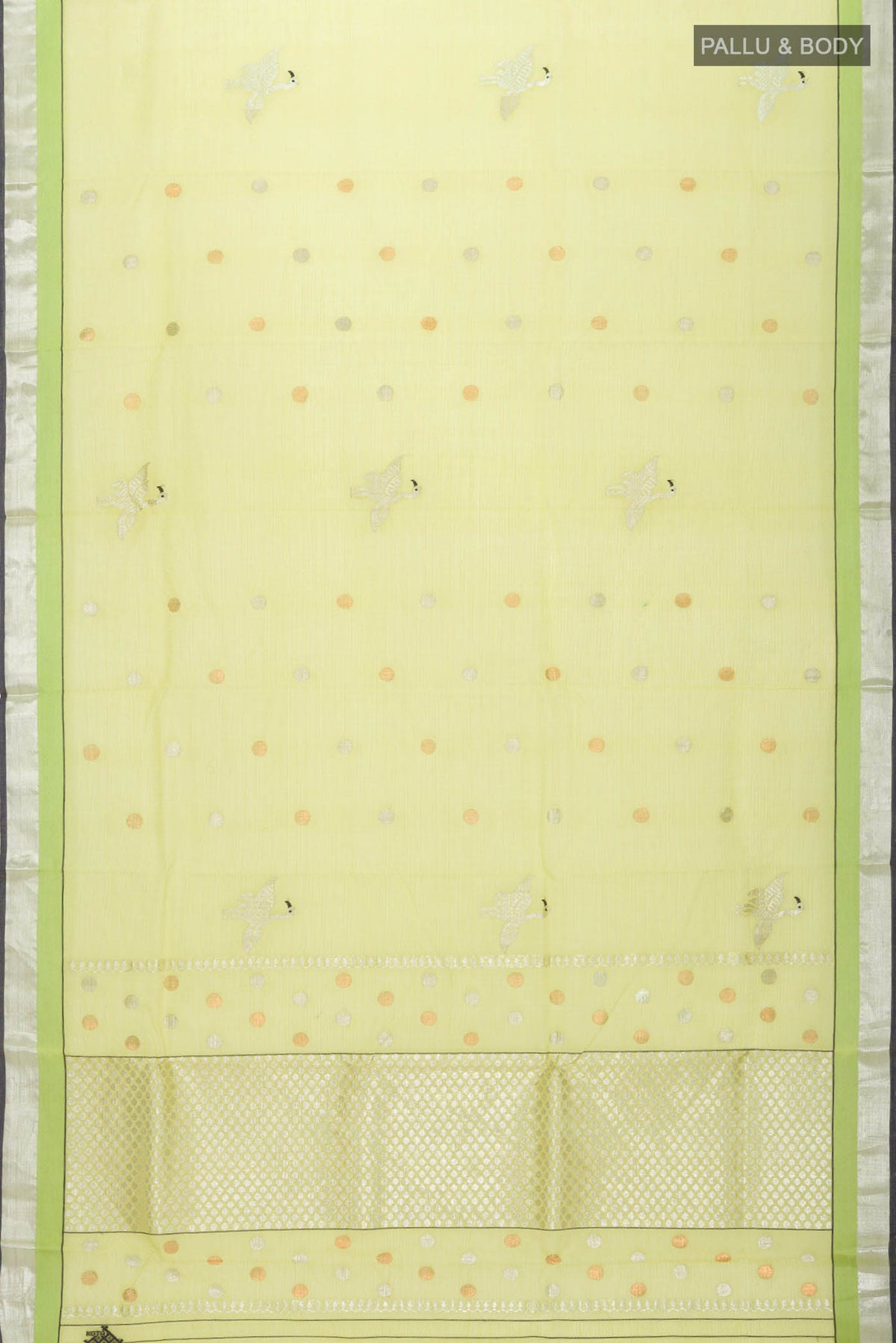 Flat view of Green Kota Silk Saree with Zari And Thread Butta on the body and Zari Border