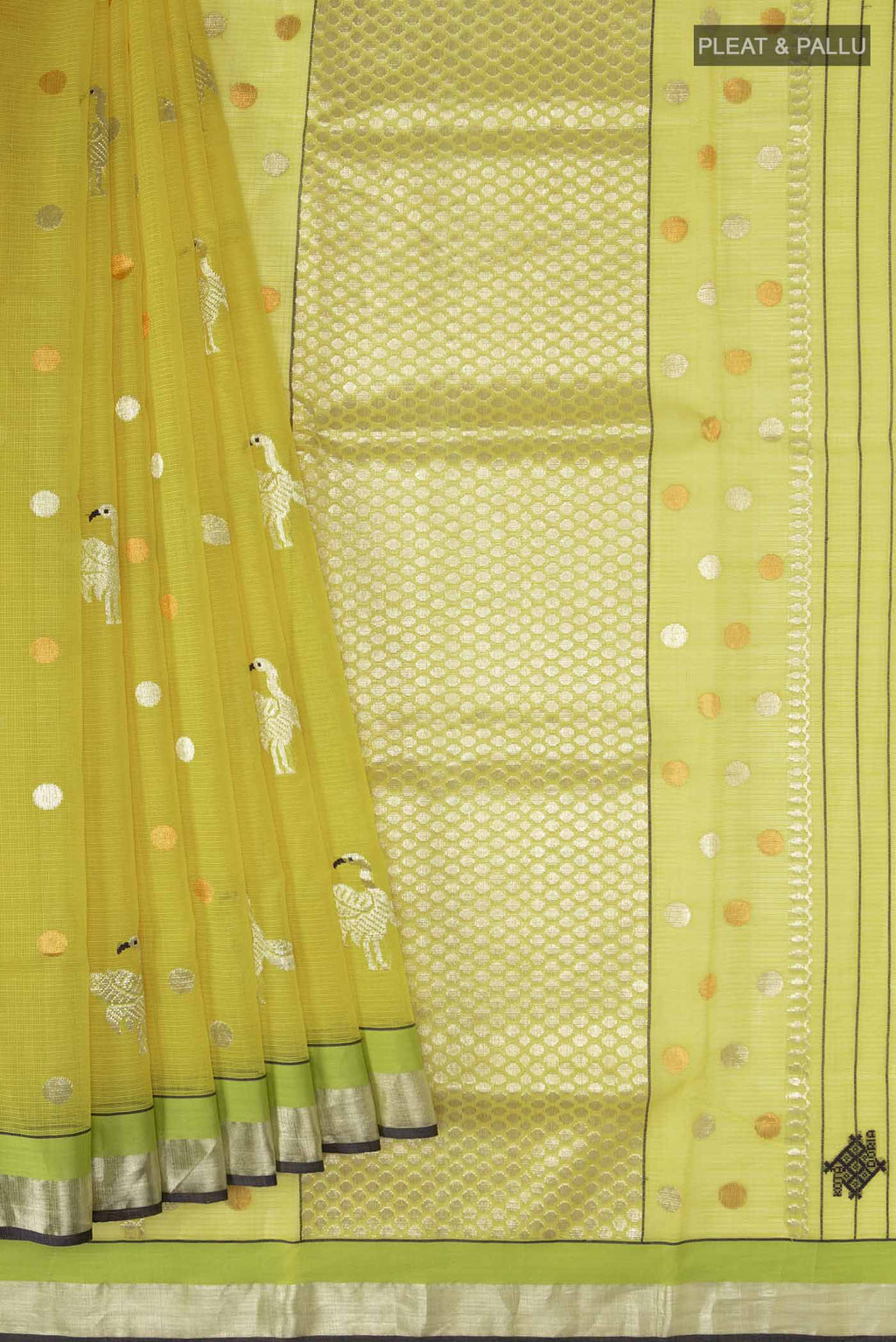 Pleats and pallu of Green Kota Silk Saree with Zari And Thread Butta on the body and Zari Border