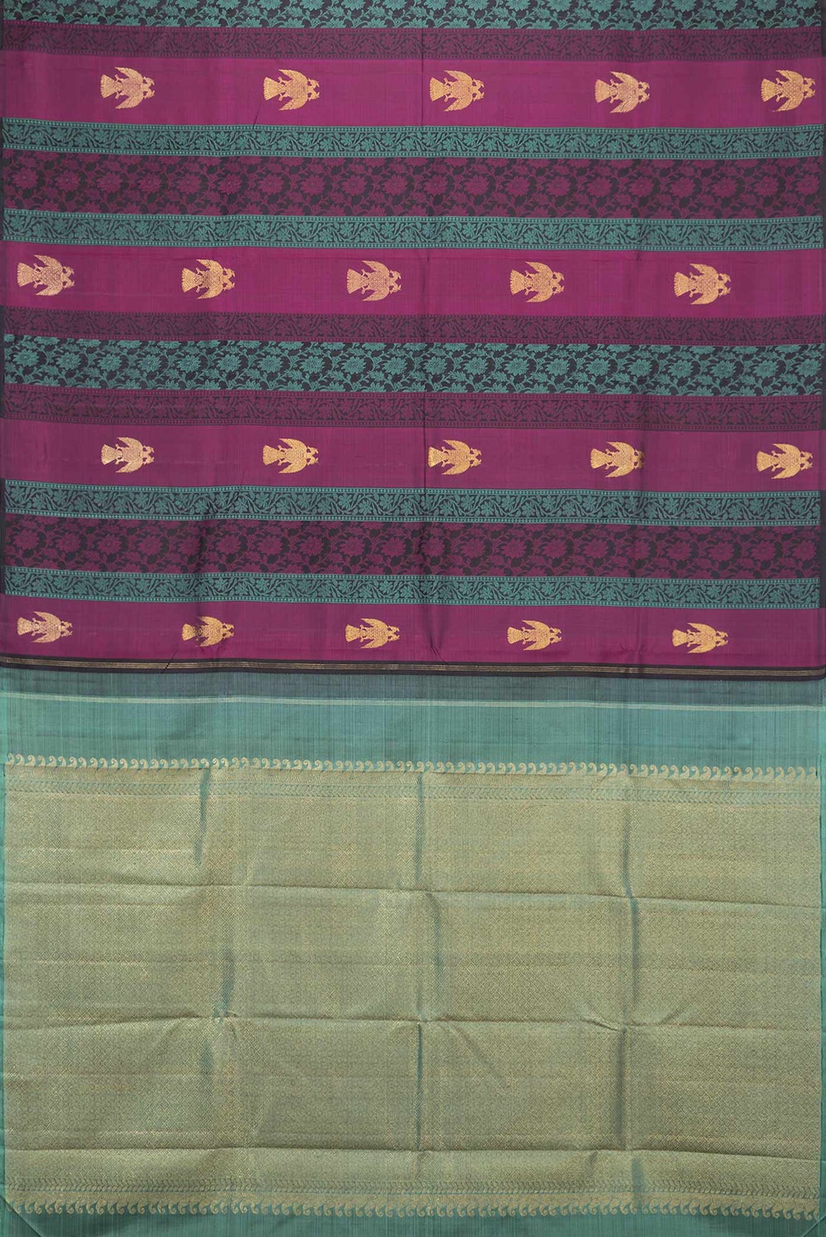 Flat view of Green and Pink Color Kanchipuram Silk Saree with Jacquard design on the body and Without Border