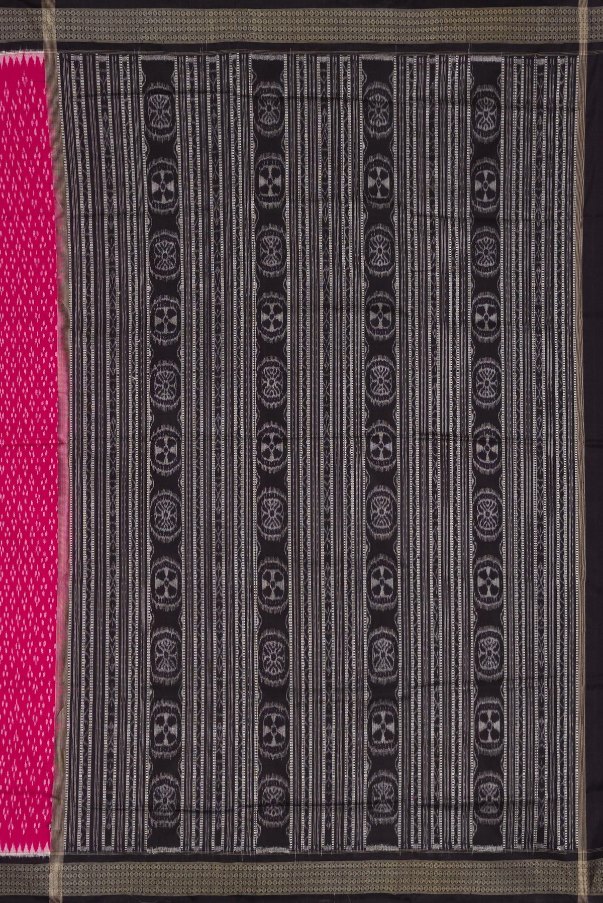 Close up image of the pallu of Pink Dual Tone Double Ikat Saree with Ikat Print on the body and Thread Border. 