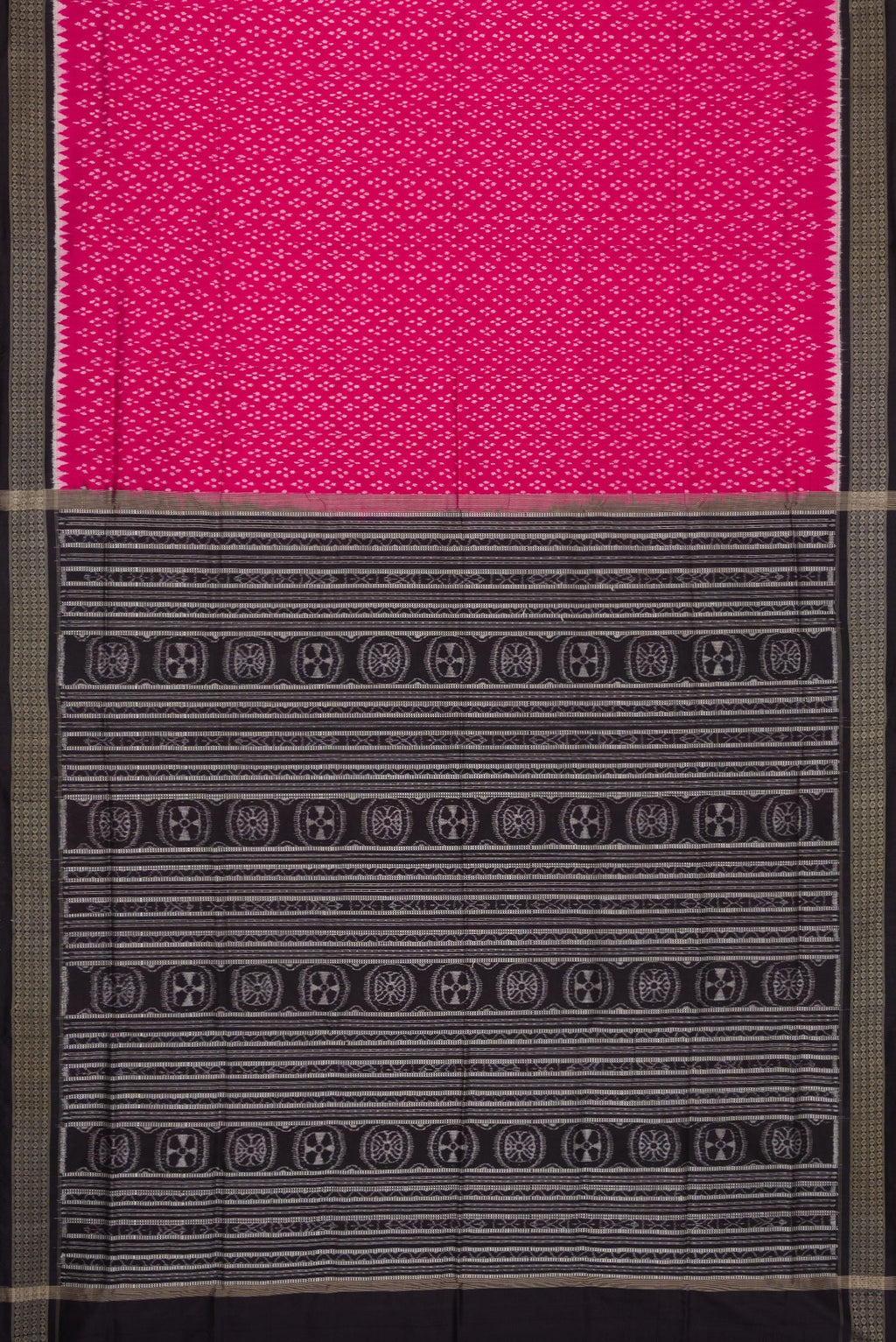 Flat view of Pink Dual Tone Double Ikat Saree with Ikat Print on the body and Thread Border. 