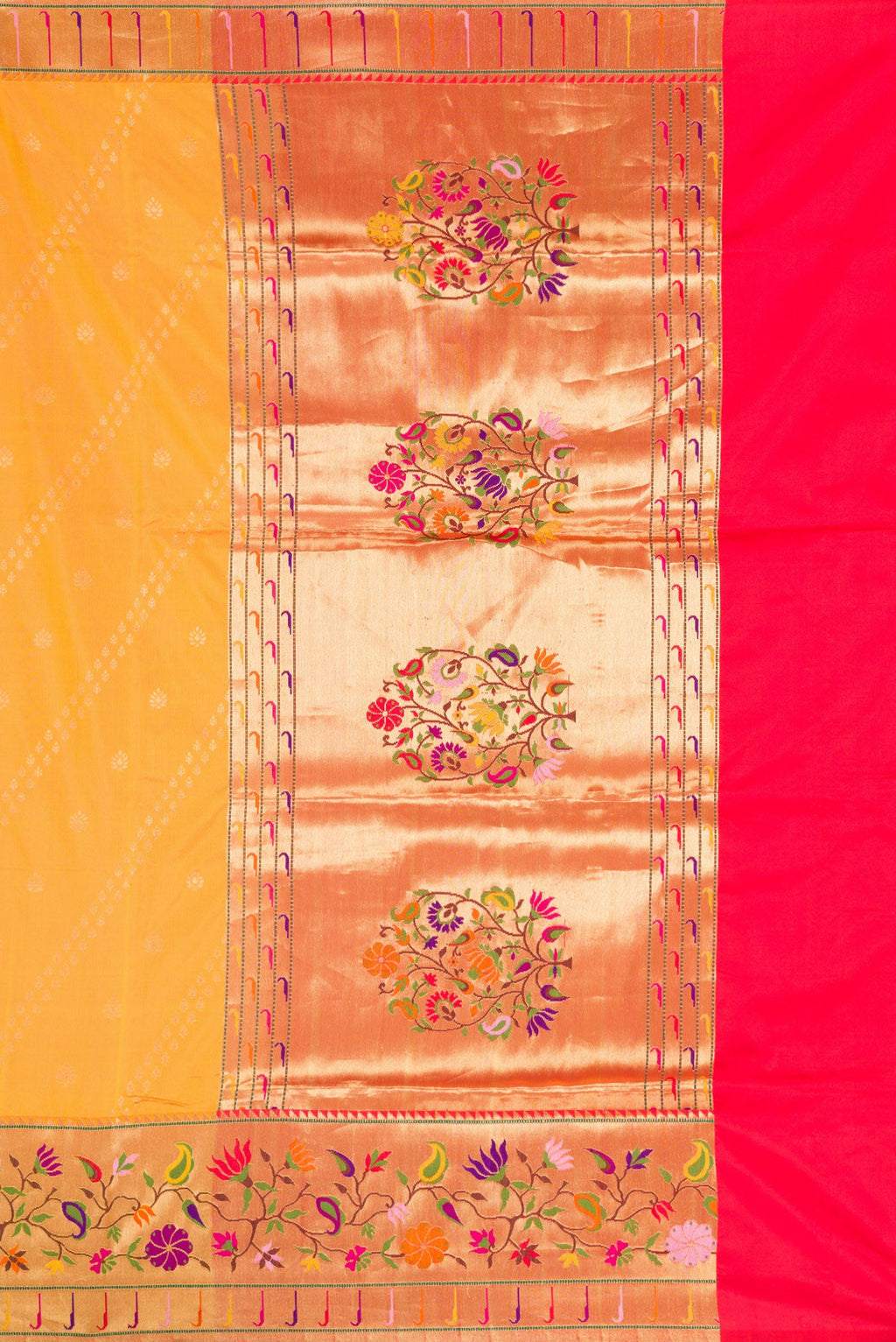 Close up image of the pallu of Mustard Dual Tone Paithani Silk Saree with Zari Butta on the body and Zari Border. 