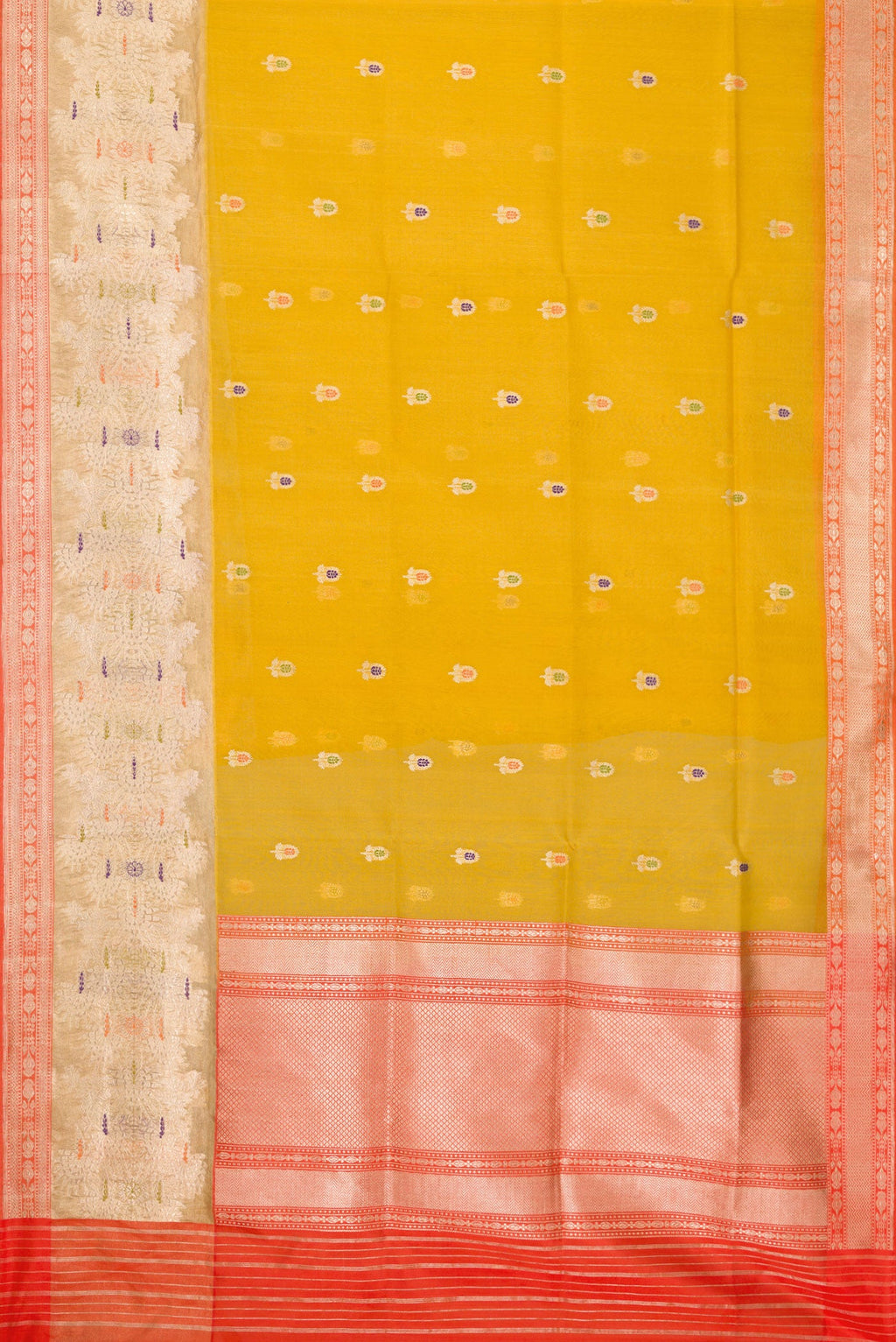 Flat view of Mehandi Green Dual Tone Organza Silk Saree with Zari And Thread Butta on the body and Zari Border. 
