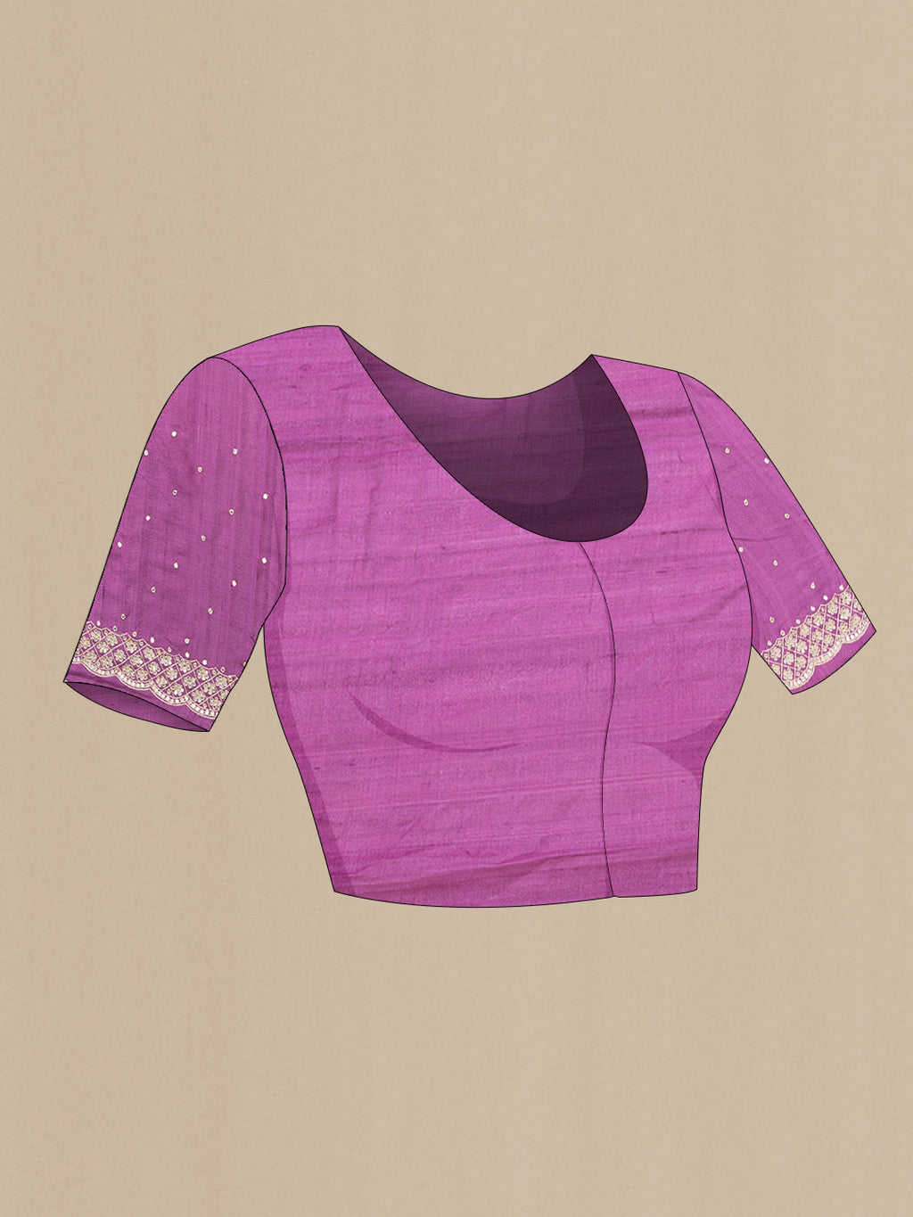 Close up image of the blouse of Purple Dual Tone Tussar Silk Saree with Embroidery on the body and Embroidery Border. 