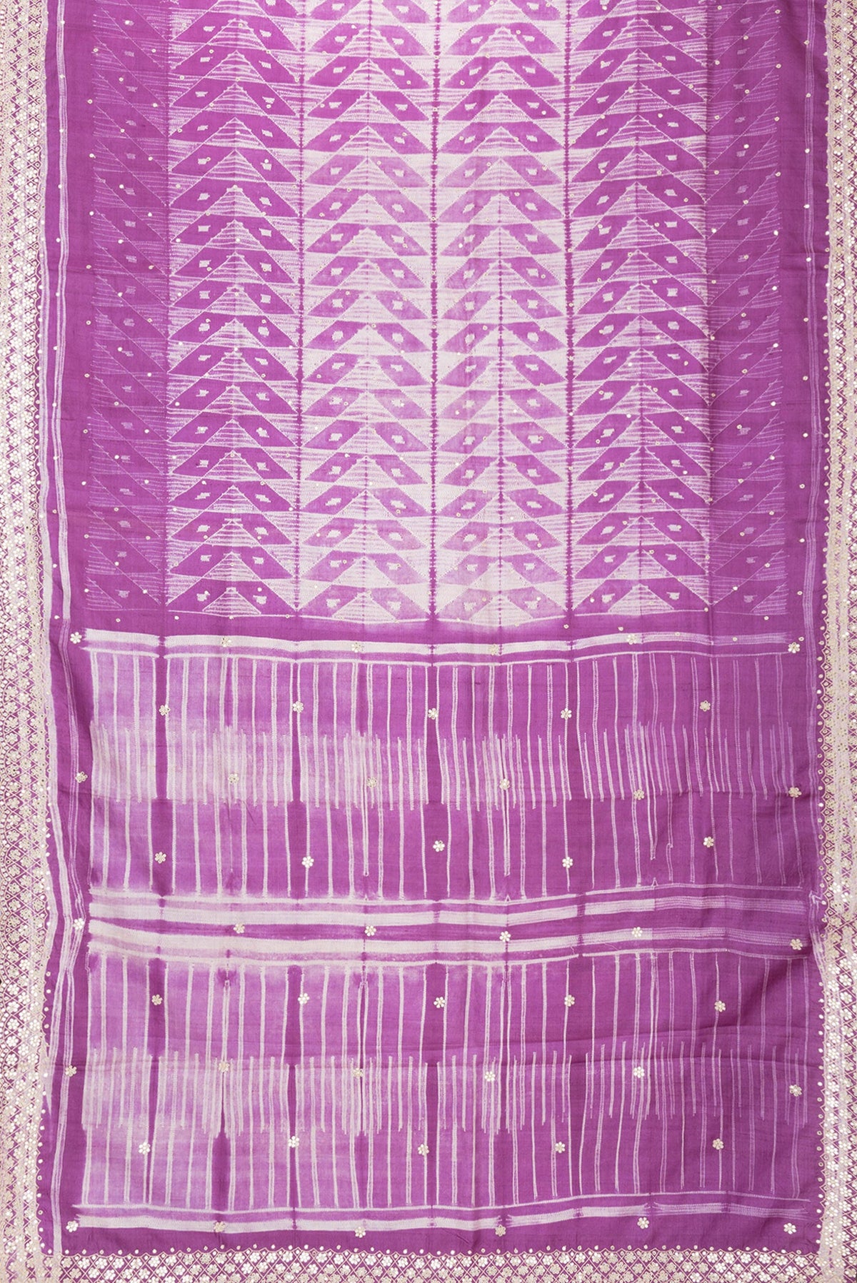 Flat view of Purple Dual Tone Tussar Silk Saree with Embroidery on the body and Embroidery Border. 