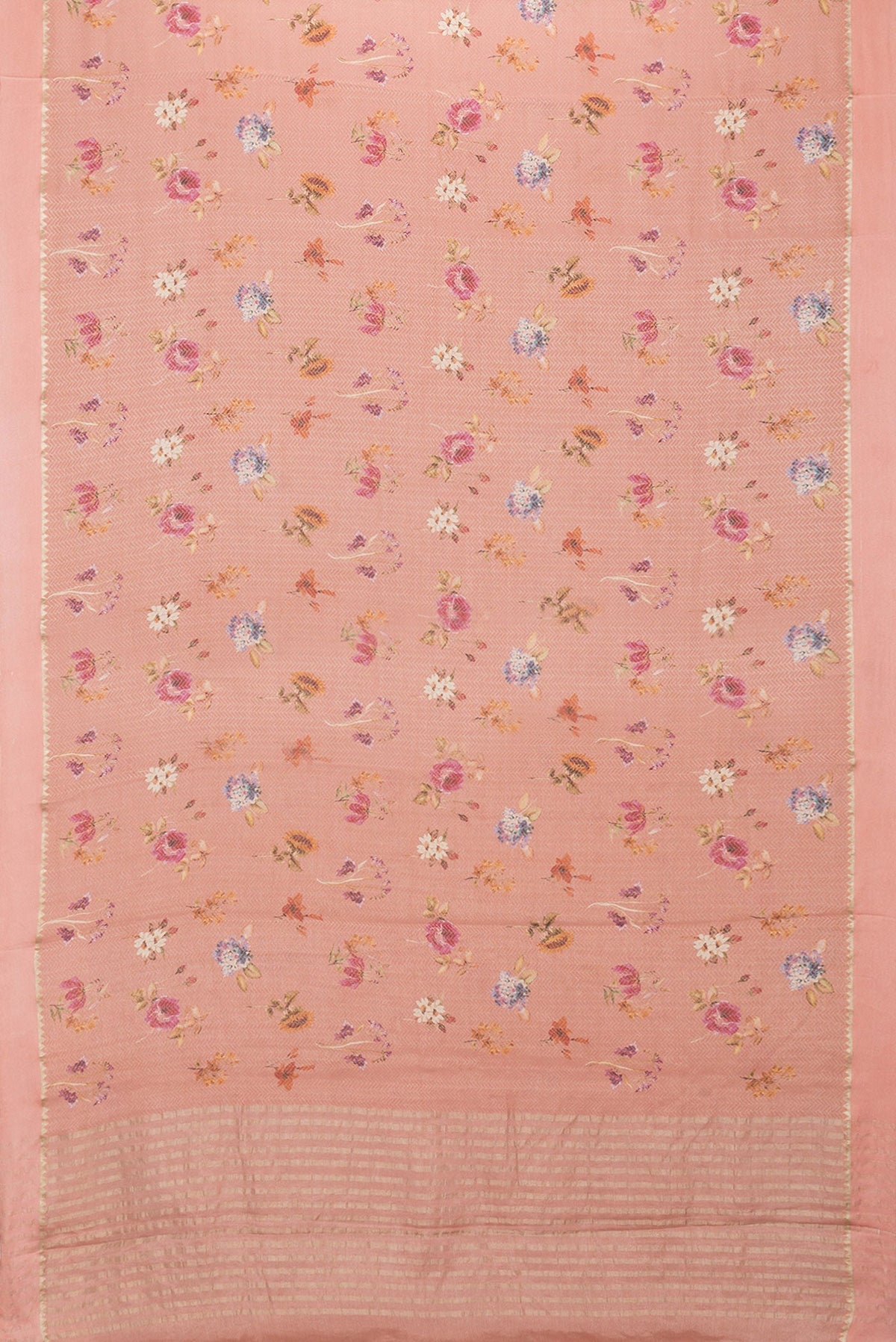 Flat view of Peach Dual Tone Georgette Saree with Zari Brocade on the body and Zari Border. 